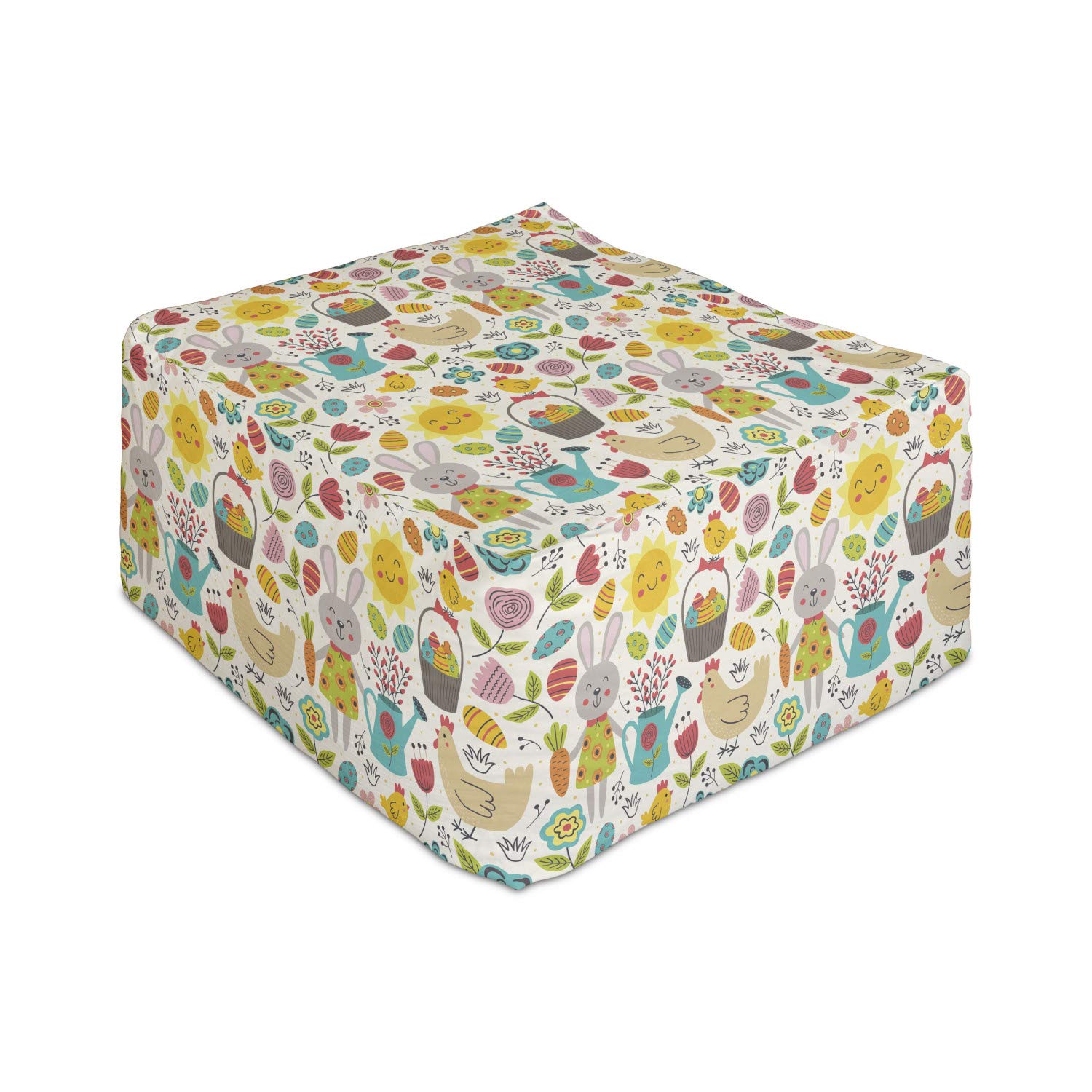 Ambesonne Cartoon Rectangle Pouf Ottoman - Easter Chicken Eggs Sun Rabbit Floral Berries Garden Print Footrest Stool with Removable Cover, 25