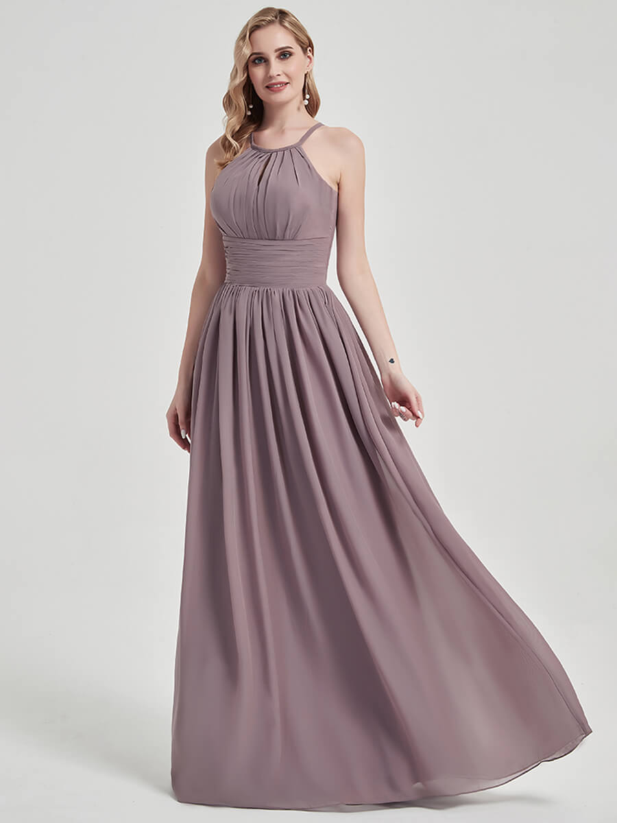 Elegant Dusk Pleated Halter Neck Sleeveless A-Line Chiffon Bridesmaid Dress for Weddings & Formal Events - Perfect for Summer Beach Weddings, Evening Parties & Special Occasions