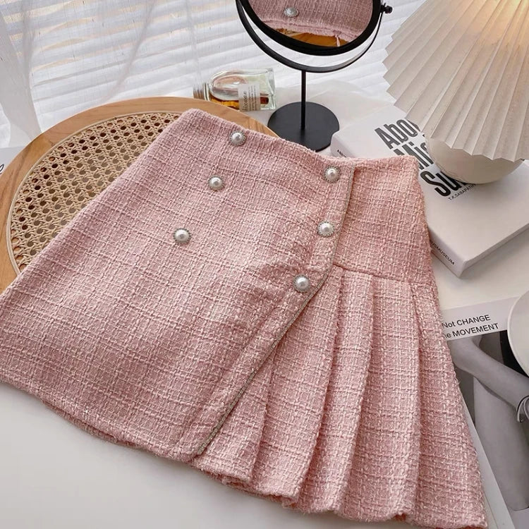 Retro Plaid A-Line Wool Skirt for Women - High Waist Slim Pleated Mini Tweed Skirt with Pearl Buckle | Fall Winter Fashion | Perfect for Office, Dating & Holiday Parties