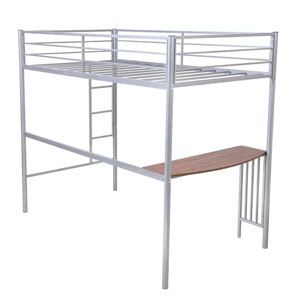 Twin Size Loft Bed with Desk - Sturdy Metal Bed Frame with Ladder & Safety Guardrails - Space-Saving Design for Small Rooms - Perfect for Kids, Teens & Guest Rooms (Silver) - Ideal for Dormitories, Apartments & Studio Living Spaces