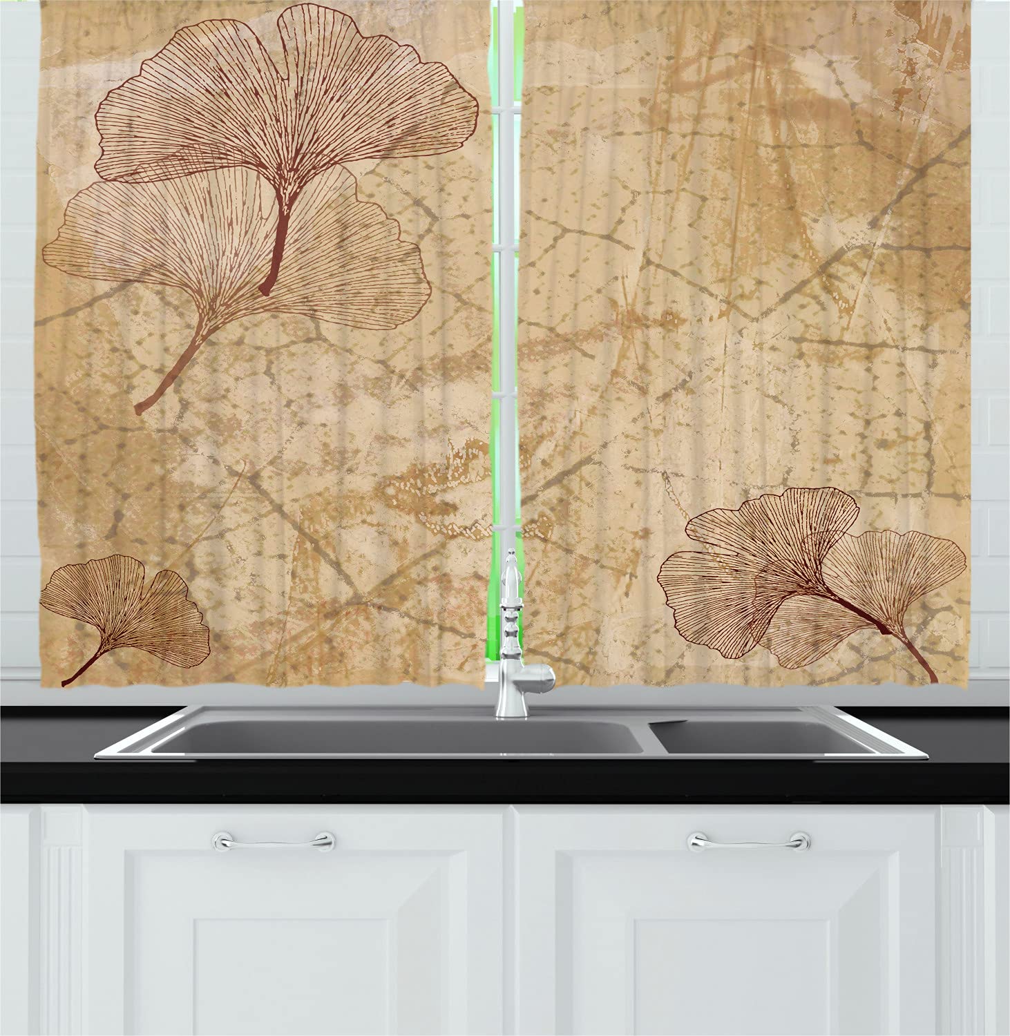 Ambesonne Beige Long Kitchen Curtains with Ginkgo Leaf Pattern - 55