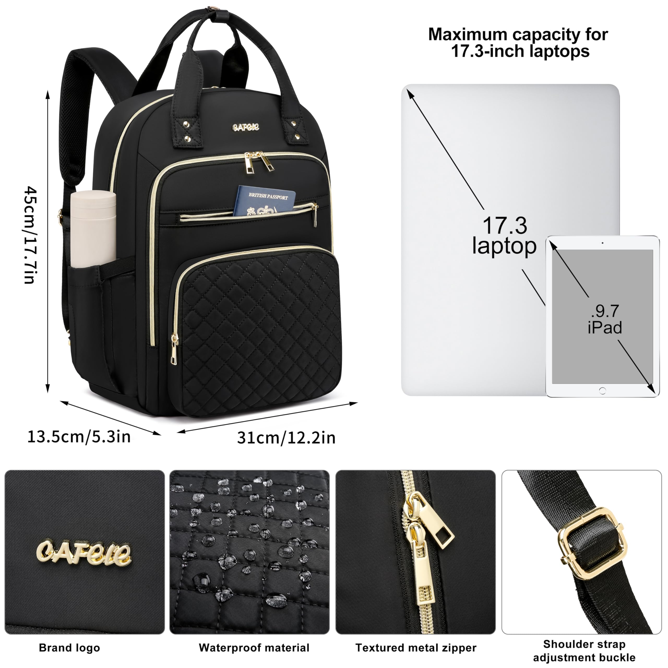CAFELE Women's Convertible Backpack with USB Charging Port - 17.3 Inch Anti-Theft Laptop Backpack for College, Work & Travel | Stylish Shoulder Purse & Business Bag (Quilted Black) - Perfect for Commuting, Office, School, Campus Life & Daily Use | Great for Professionals, Students & Teachers | Ideal for Business Meetings, Coffee Shops, Air Travel & Urban Lifestyle