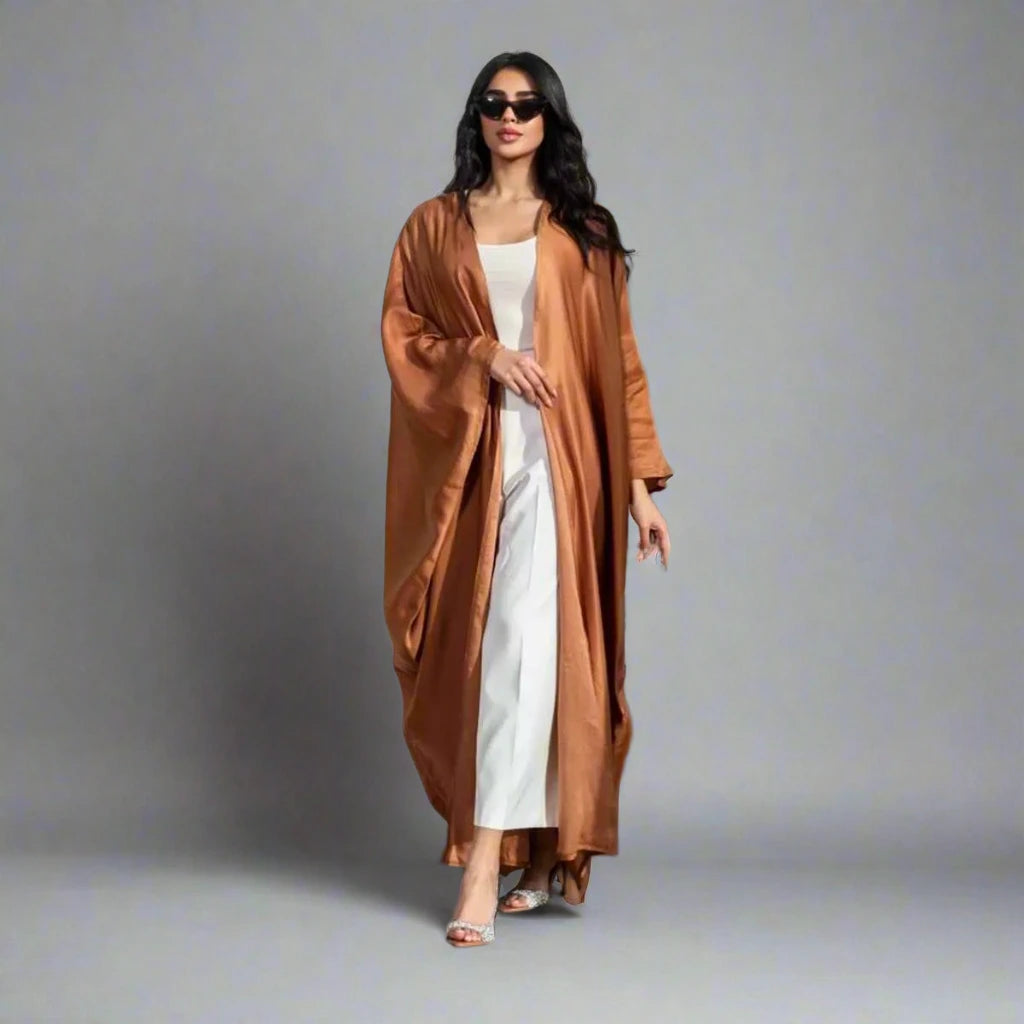 Elegant Modest Fashion Satin Cardigan Open Abaya Dress for Women - Perfect for Prayer, Mosque, and Special Occasions