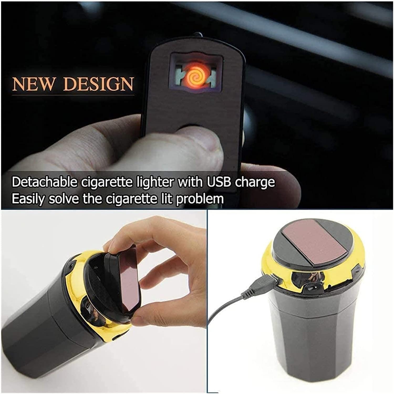 Premium Detachable Car Ashtray with Lighter Set - Blue LED Light Indicator & Lid for Smoke-Free Vehicles | Ideal for Car, Home, Office & Travel Use (Color: Black)