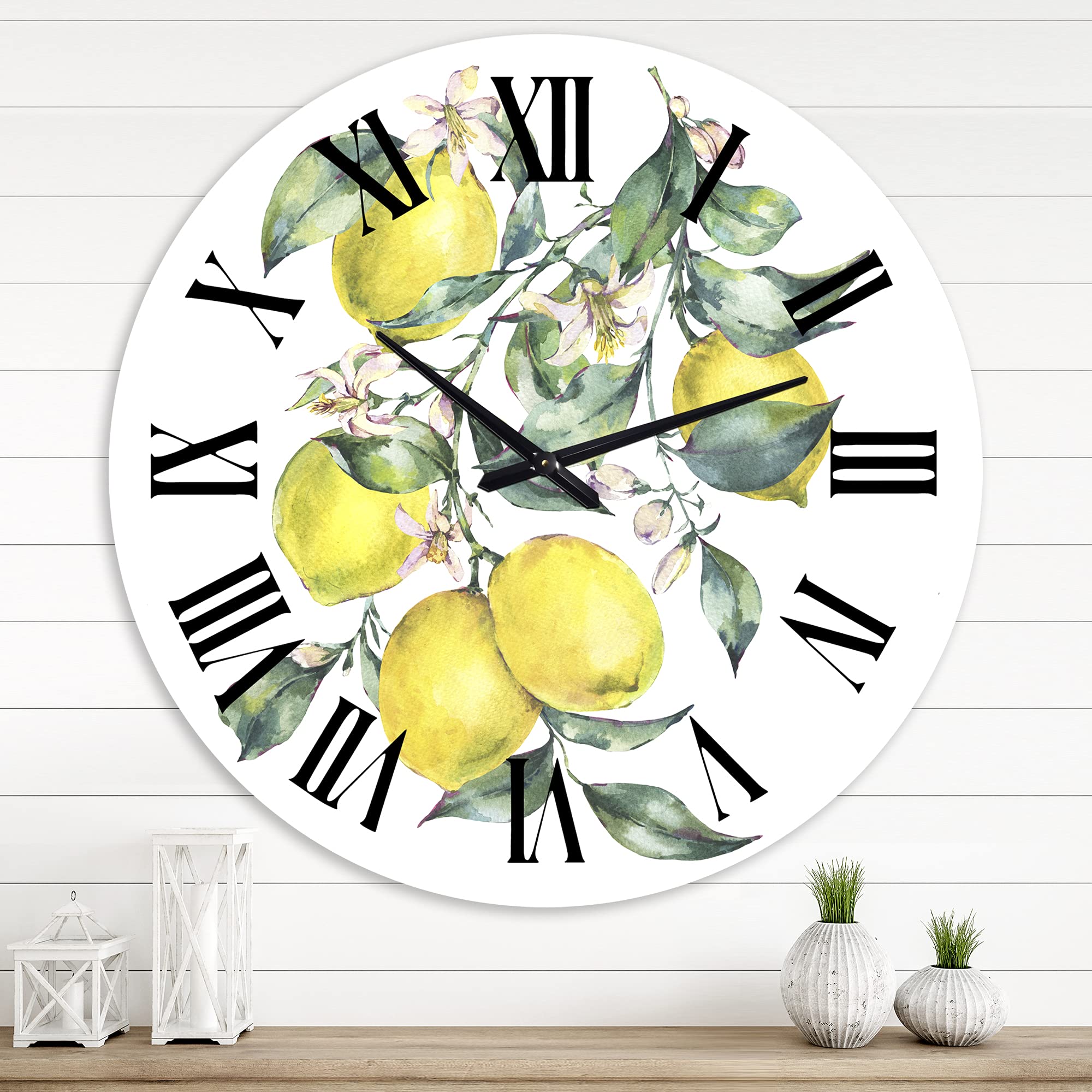 DesignQ Tropical Wall Clock - Large Yellow Lemons & Leaves Decor for Kitchen, Dining Room, or Living Room | Perfect for Home, Office, and Restaurant Decor