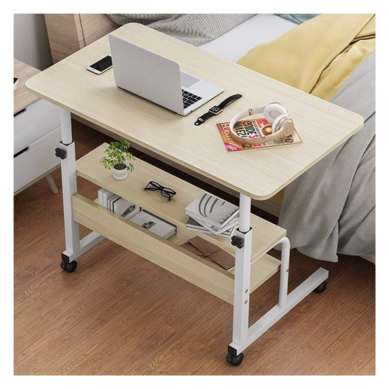 Adjustable Height Portable Laptop Desk with Wheels - Sturdy Mobile Side Table for Sofa, Bed, Office - Oak Finish 80x40cm - Perfect for Work, Study, Gaming & Dining in Living Room or Bedroom