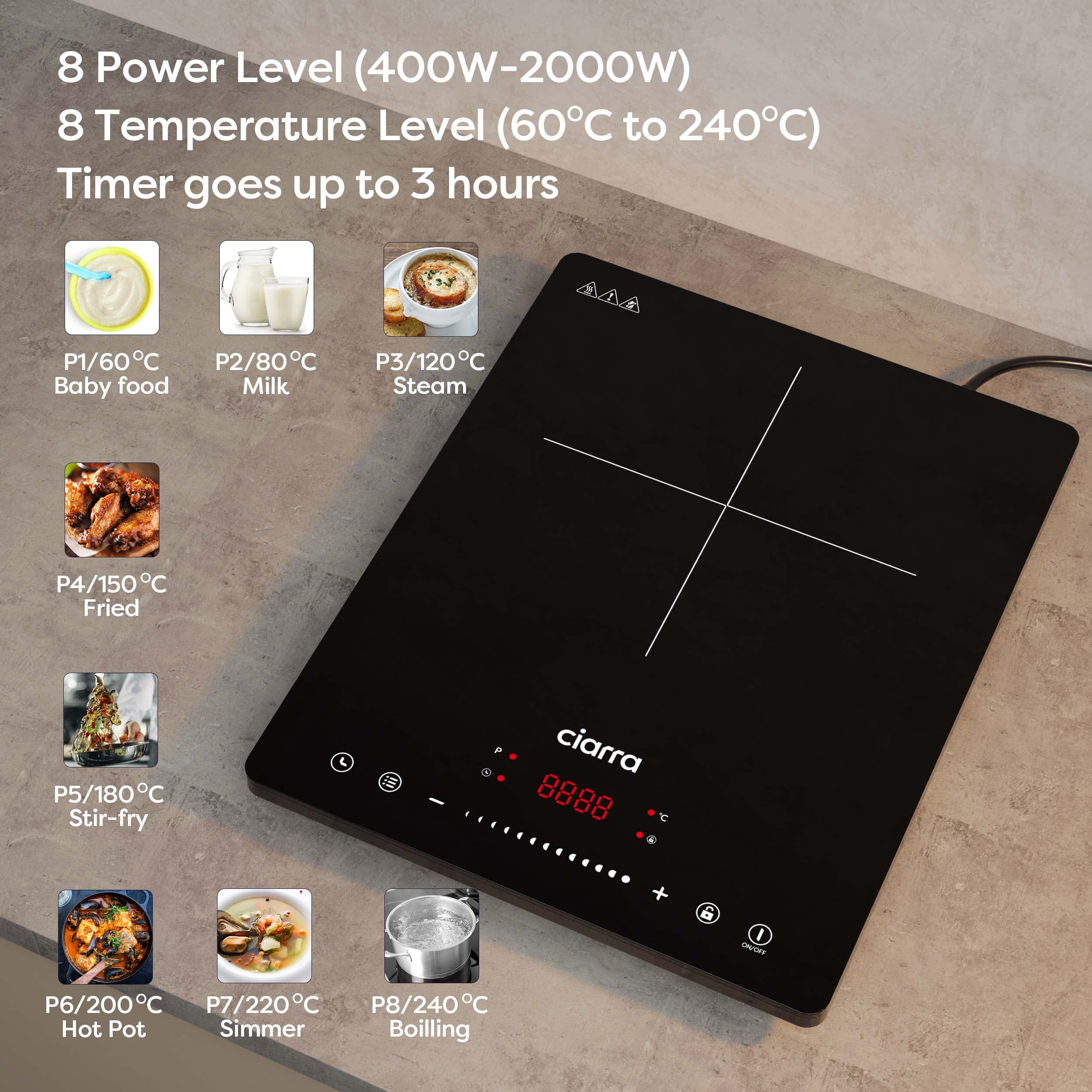 CIARRA CBTIH1 2000W Induction Cooktop with 8 Power Levels, Touch Control, Child Safety Lock, Auto Shut-Off & Multiple Timers - Black Ceramic Glass Surface for Fast, Safe & Energy-Efficient Cooking - Perfect for Home, Kitchen, Dorm & RV Use