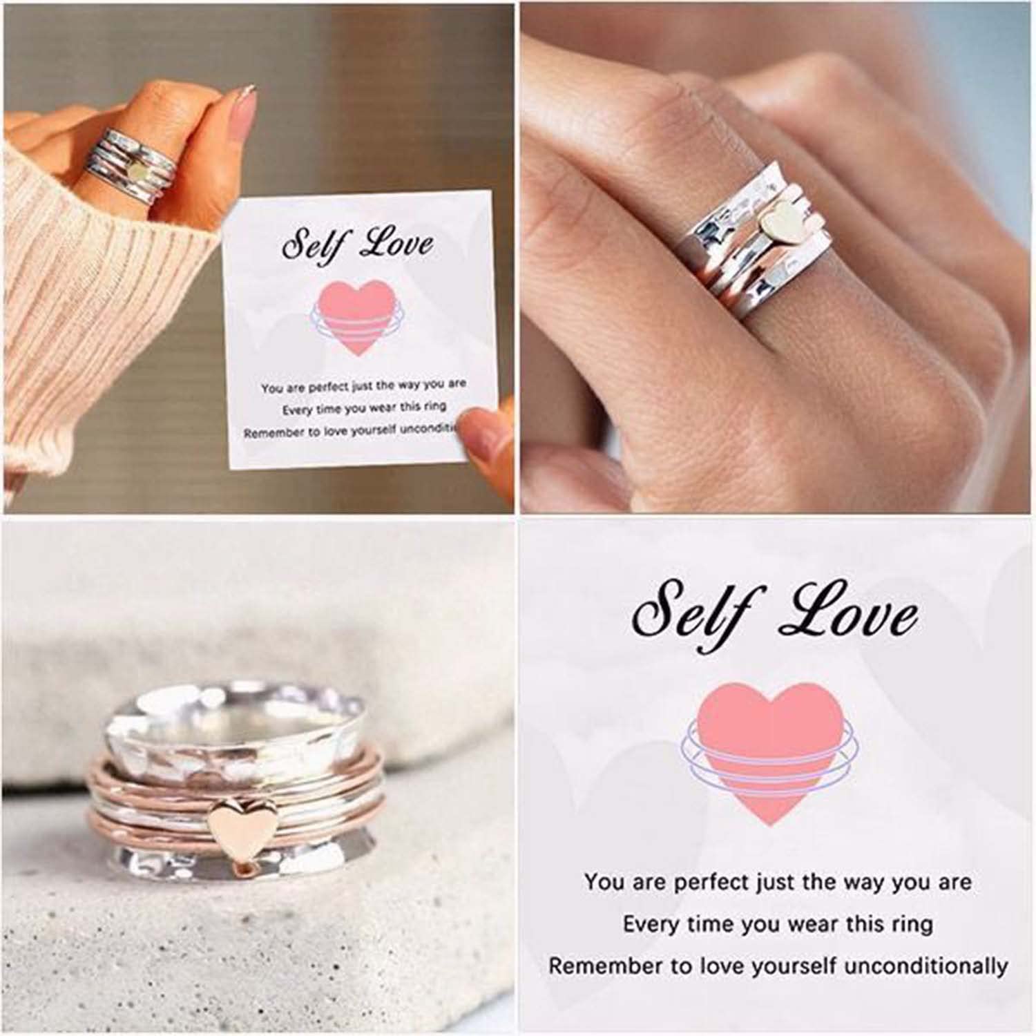 BOPBISGA Self Love Spinner Heart Ring - Anxiety Relief Rotating Fashion Jewelry, Hammered Spinner Band Rings for Women, Size 6 - Perfect for Stress Relief, Meditation, and Daily Wear
