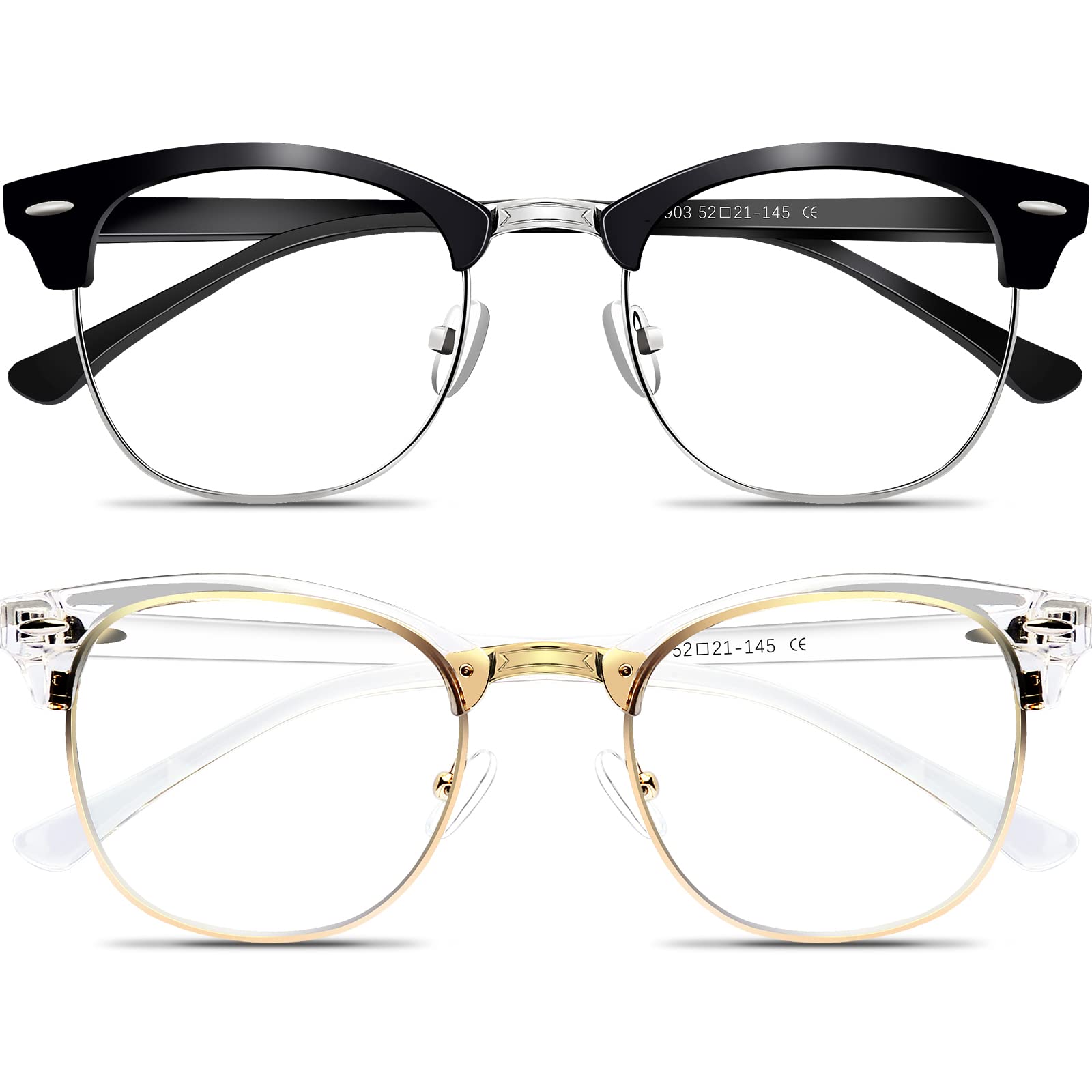 Blue Light Blocking Glasses for Women & Men - 2 Pack Stylish Round Half Frame Computer Glasses - Reduce Eye Strain for Gaming, Reading, TV & Digital Screen Use