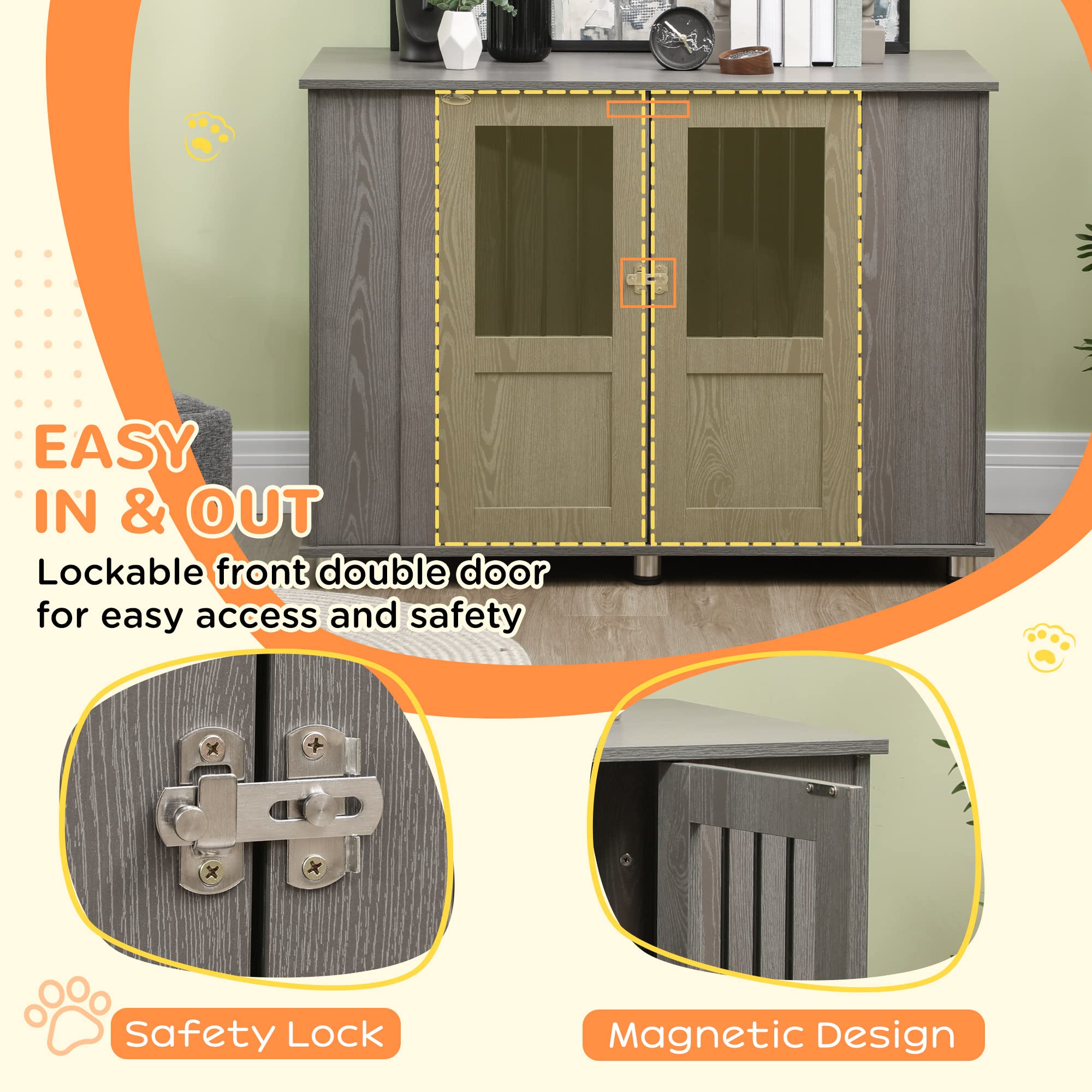 PawHut Extra Large Wooden Dog Crate Furniture - Lockable Magnetic Door Pet Kennel, Indoor Animal Cage with End Table Design, Gray | Perfect for Living Room, Bedroom & Home Decor