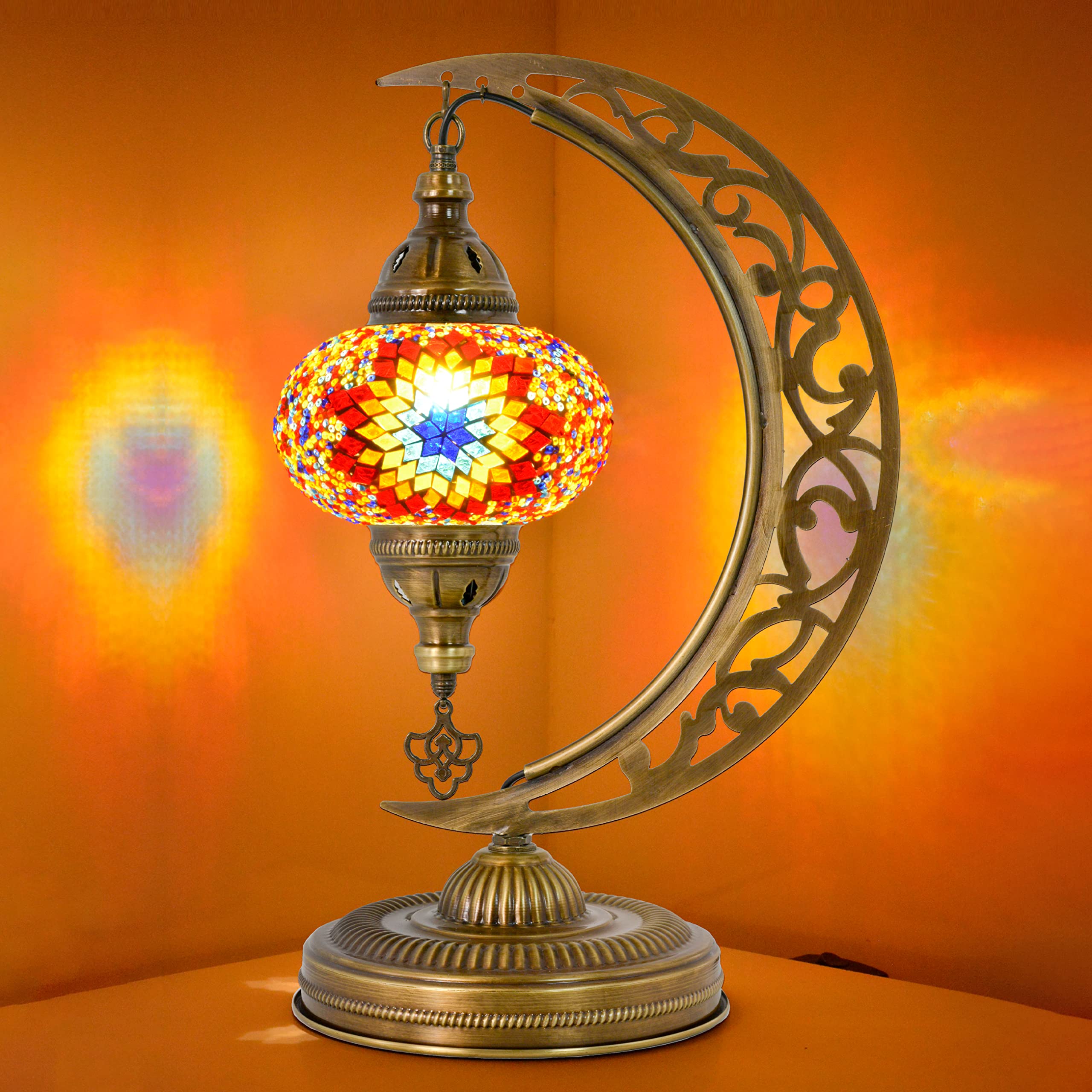 Mozaist Turkish Tiffany Style Moon Shape Table Lamp - Handcrafted Moroccan Mosaic Crescent Desk Light with Stained Glass, E12 Socket & US Plug | Rustic Home Decor for Bedroom, Living Room & Dining Room (Sunflower Design)