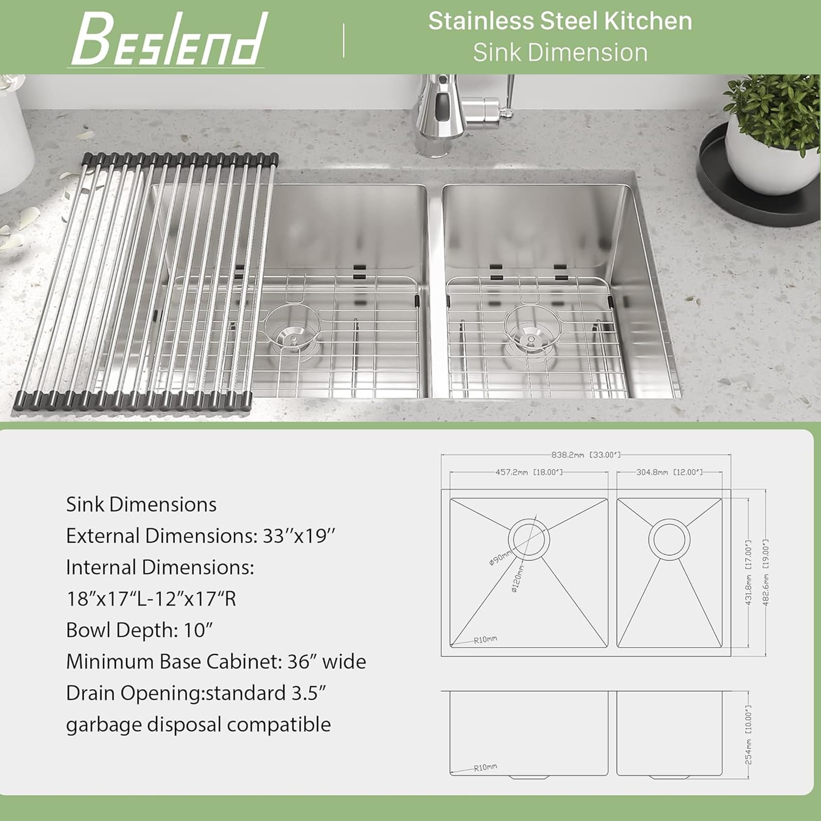 33x19x10 Inch 60/40 Undermount Double Bowl Kitchen Sink - 16 Gauge Stainless Steel for Modern Home Cooking & Cleaning
