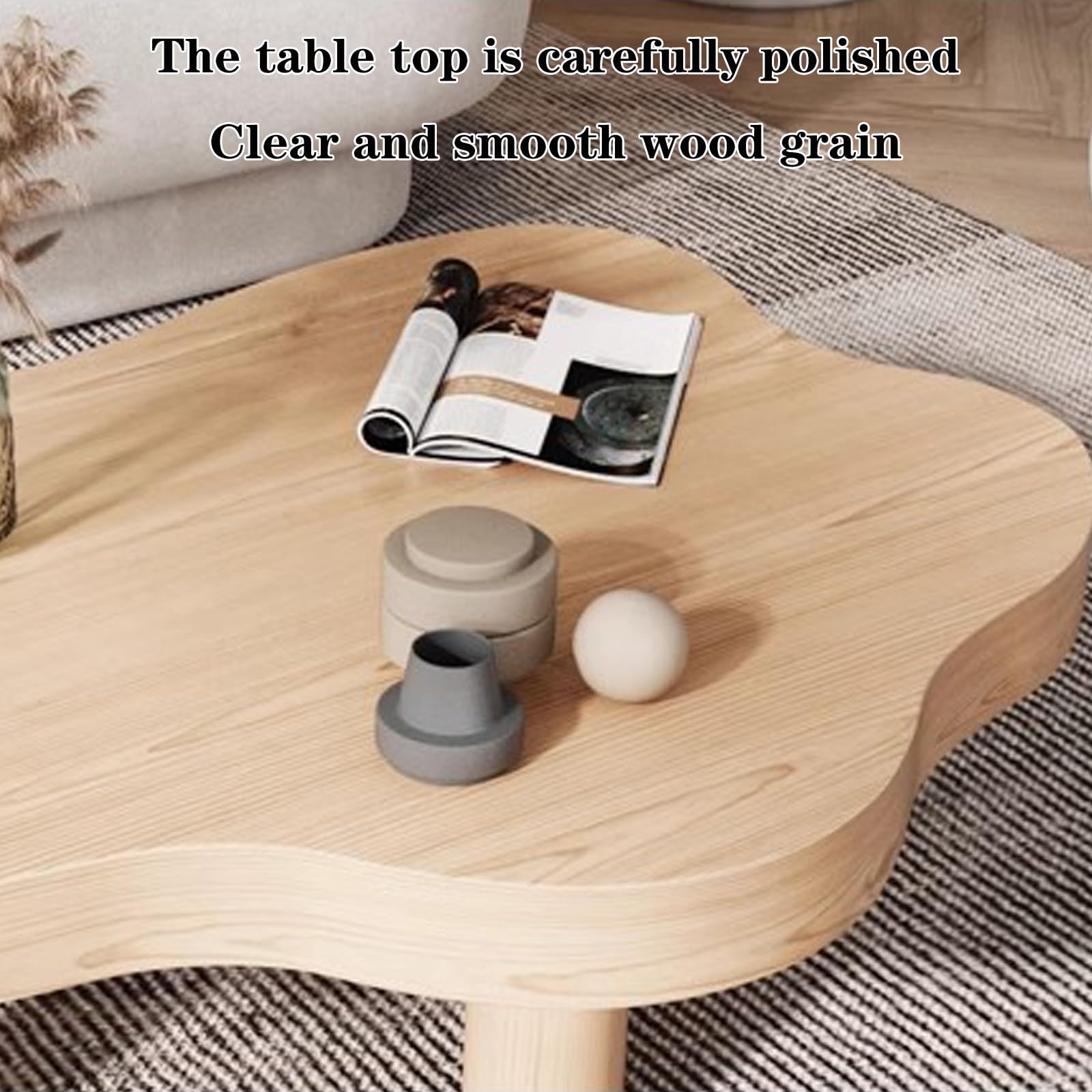 Cloud Coffee Table - Irregular Solid Wood Modern End Table with 3 Legs, Round Corners & Thickened Top (28×18×16
