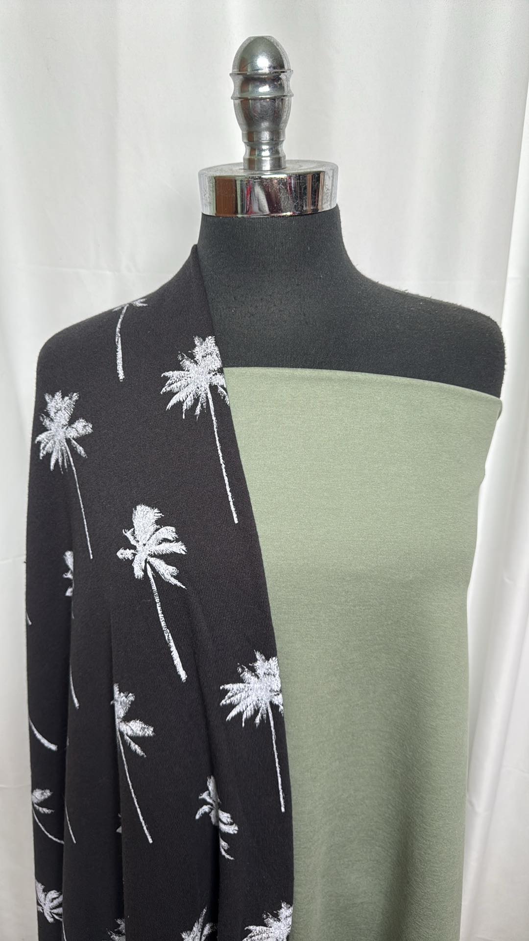 1 Yard Grey Sage Heather Peached Performance Fabric & 2 Yards Palm Trees Loop Terry Bundle - Soft & Breathable for Activewear, Loungewear, and DIY Fashion Projects