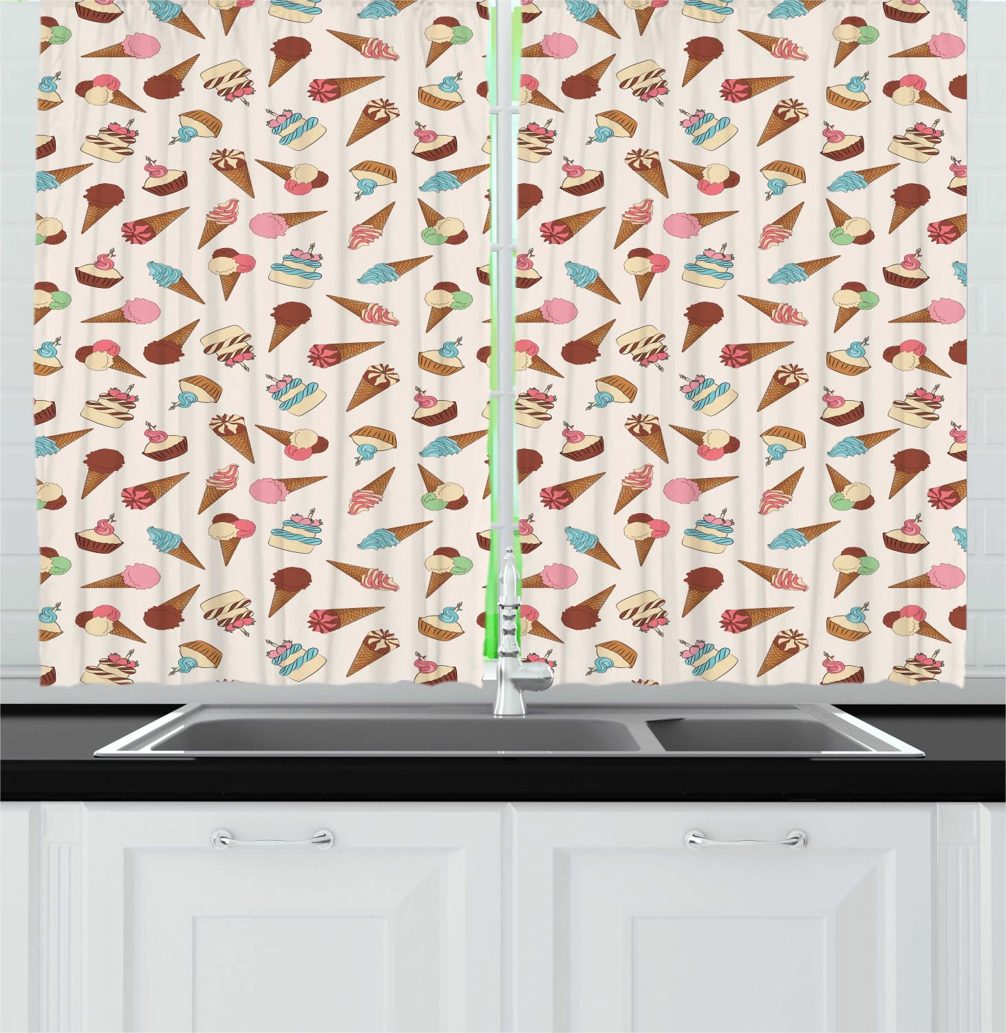 Ambesonne Dessert Long Kitchen Curtains - Colorful Ice Cream & Cake Print Drapes with Rod Pocket, 55x45 Inches, Pale Redwood Beige Pastel Pink Turquoise - Sweet Treats Themed Window Treatment for Dining Room, Cafe, Bakery Decor