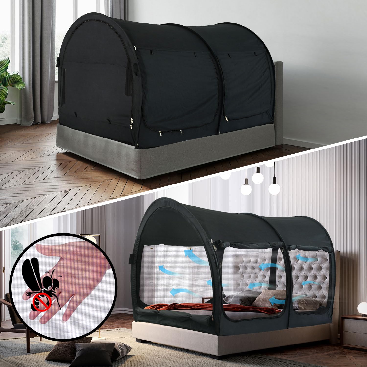 Alvantor 2-in-1 Bed Canopy & Dream Tent - Twin Size Privacy Sleeping Tent with Breathable Gray Fabric, Light Reducing & Air Ventilation - Perfect for Kids Rooms, Dorm Rooms & Cozy Cottage Bedrooms