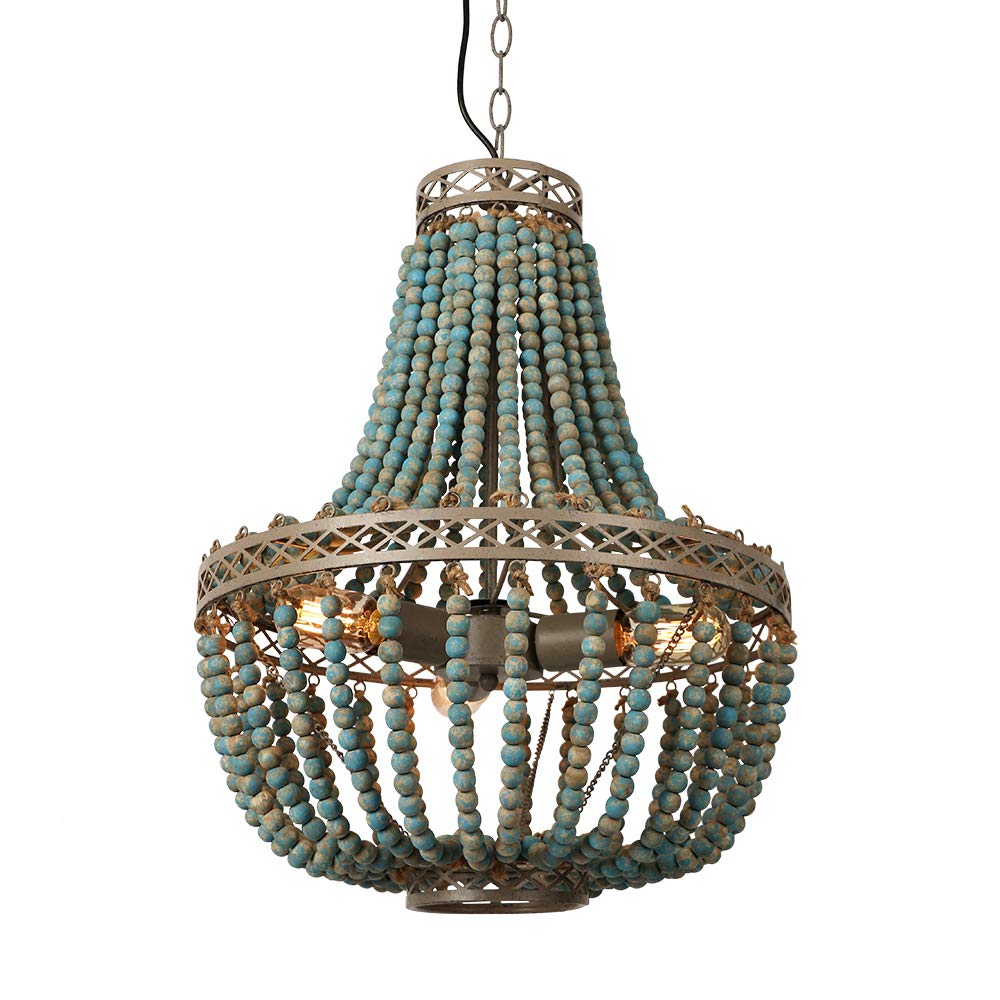 FIRVRE 3-Lights Wood Beaded Chandelier - Rustic Vintage Farmhouse Pendant Light with Bohemian Style - Blue Beach Ceiling Lighting Fixture for Living Room, Bedroom & Kitchen Island - Perfect for Boho Home Decor, Coastal Cottage & Country House Interiors