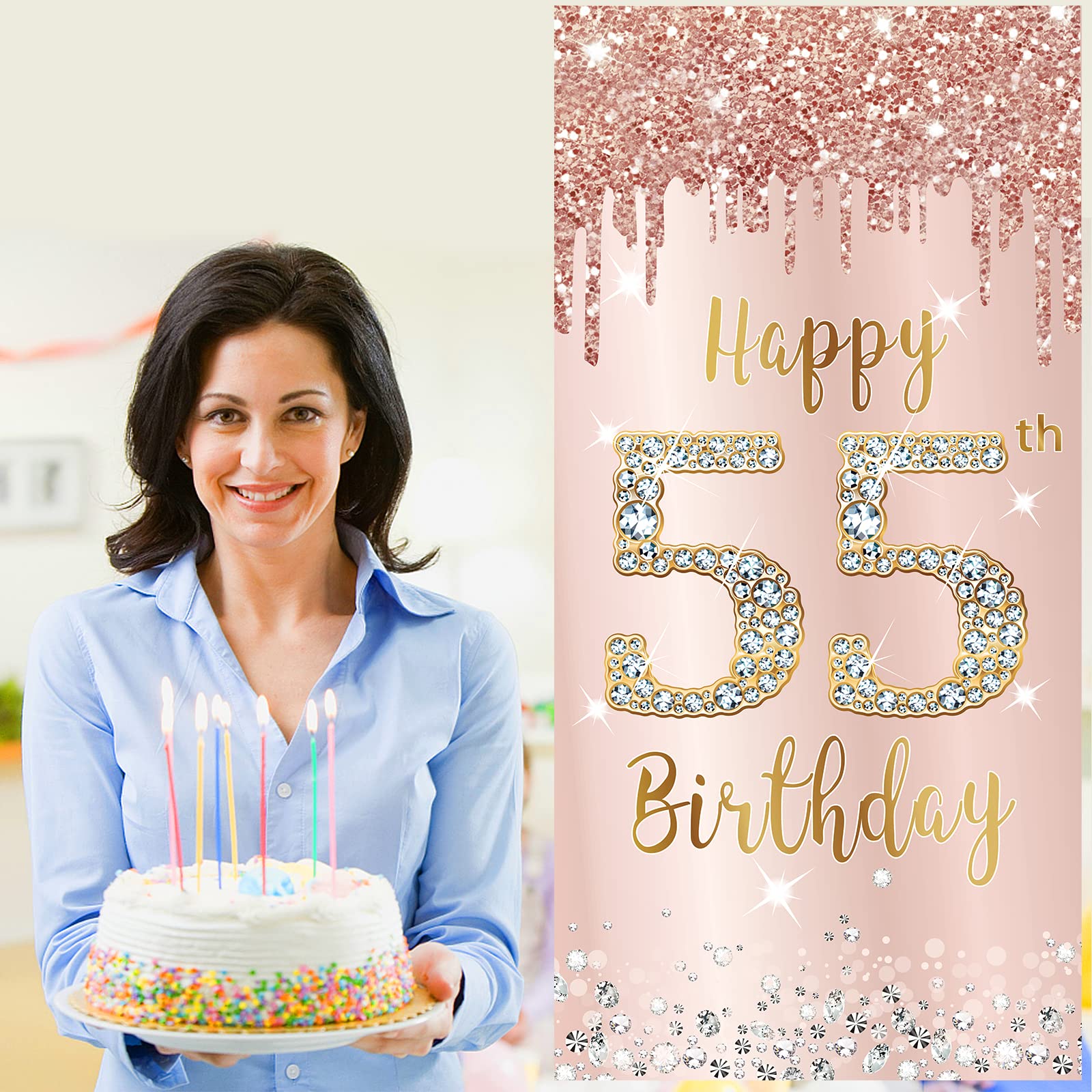 Happy 55th Birthday Decorations for Women - Pink Rose Gold Door Banner & Backdrop Sign | Large 55 Year Old Party Supplies | Perfect for Birthday Parties, Milestone Celebrations & Home Decor