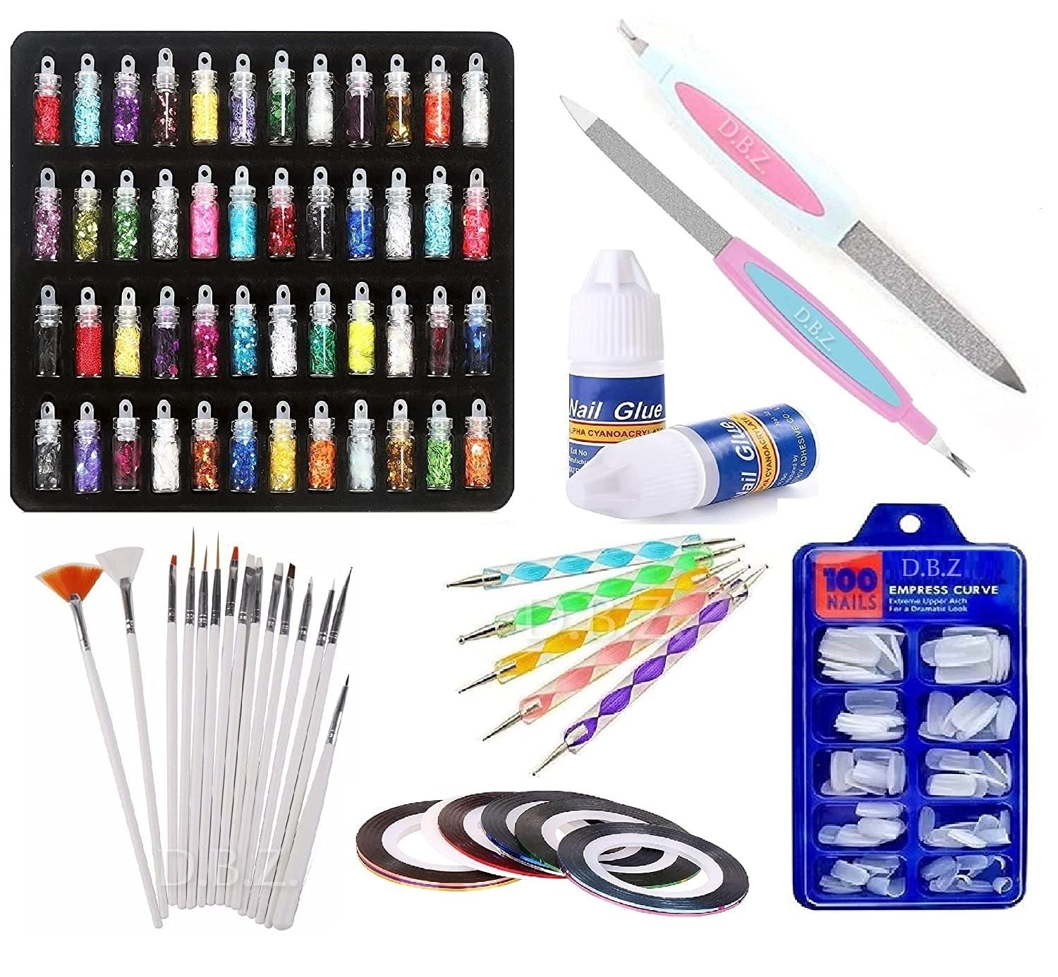 Premium D.B.Z. Nail Art Kit - 182 Pcs Complete Set with 100 Fake Nails, 15 Nail Brushes, 5 Dotting Tools, 48 Glitter Bottles, 10 Nail Tapes, 2 Glues & 2 Filers | DIY Manicure & Nail Design for Home Salon, Parties & Gifts