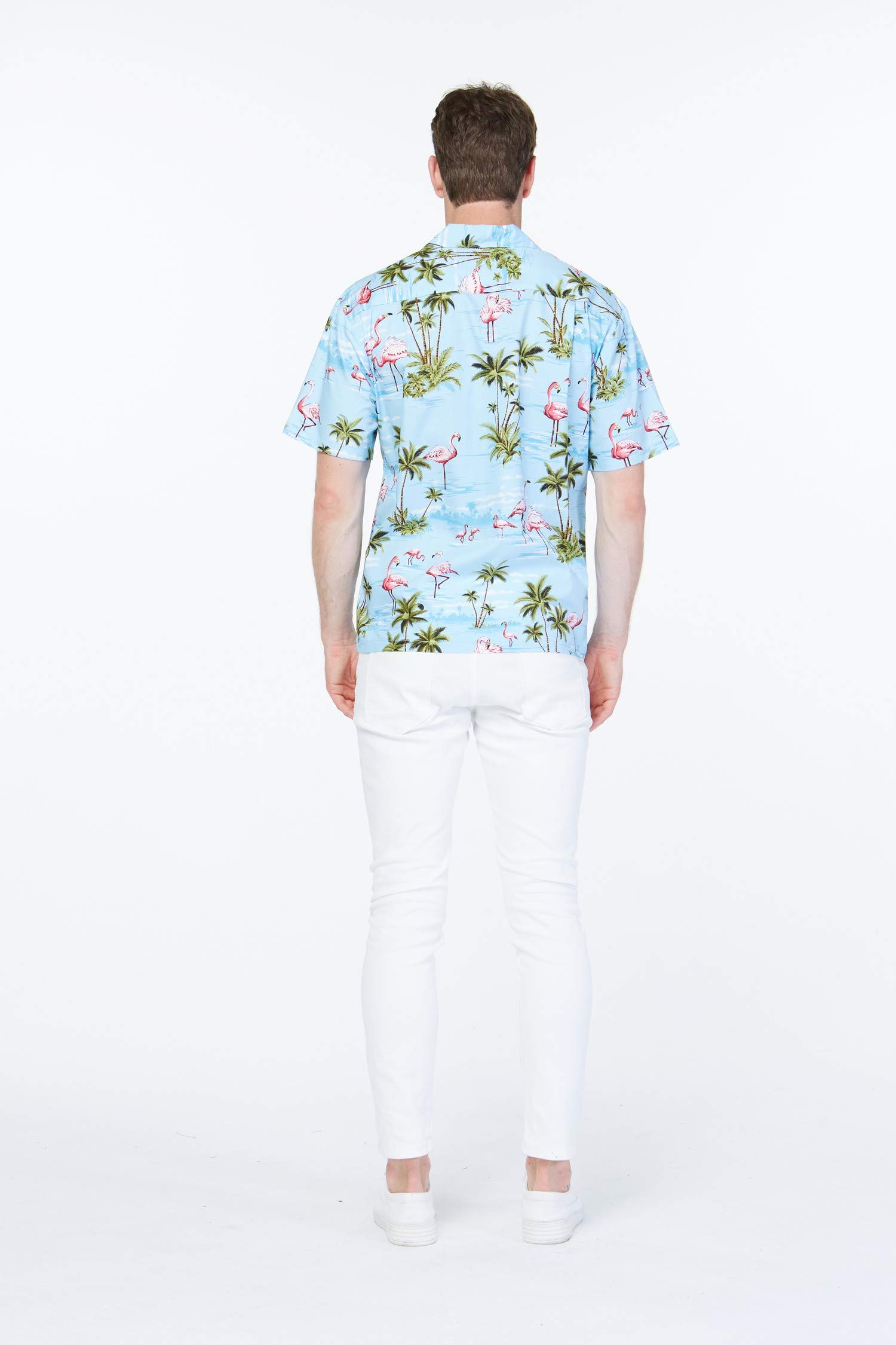 Hawaiian Couple Matching Aloha Shirts - Pink Flamingo Print on Turquoise Fabric for Luau Party, Beach Vacation & Tropical Date Night