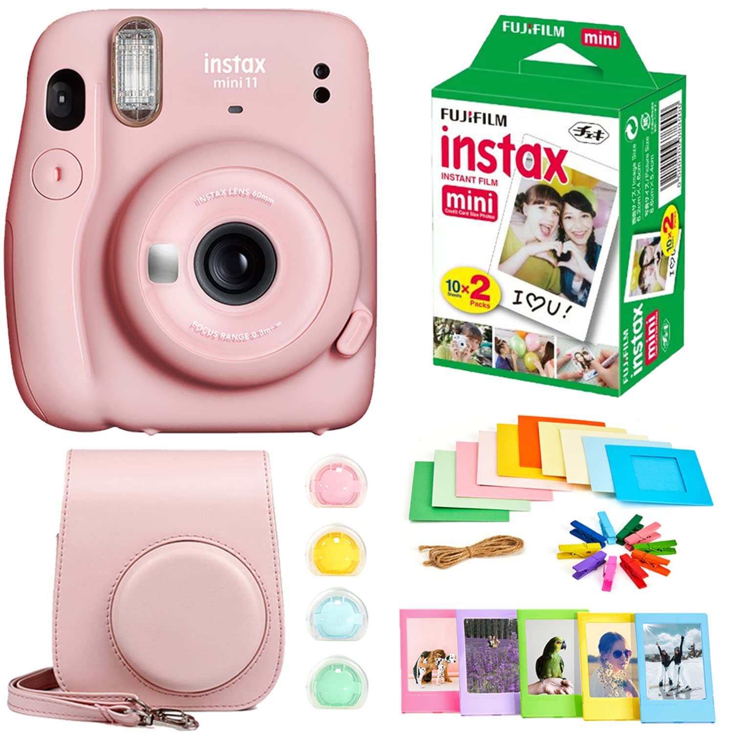 Fujifilm Instax Mini 11 Instant Camera Bundle with Twin Pack Film, Hanging Frames, Plastic Frames, Case & Close-Up Filters - Blush Pink | Perfect for Parties, Travel & DIY Photo Gifts