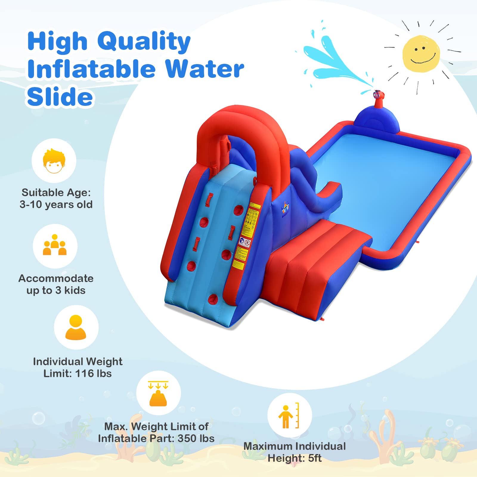 BOUNTECH Inflatable Water Slide for Kids - Outdoor Surfing Waterslide Bouncer Park with Large Splash Pool & 2 Swimming Rings - Fun Backyard Water Slides for Boys and Girls - Perfect for Summer Parties, Birthday Gifts & Outdoor Family Activities