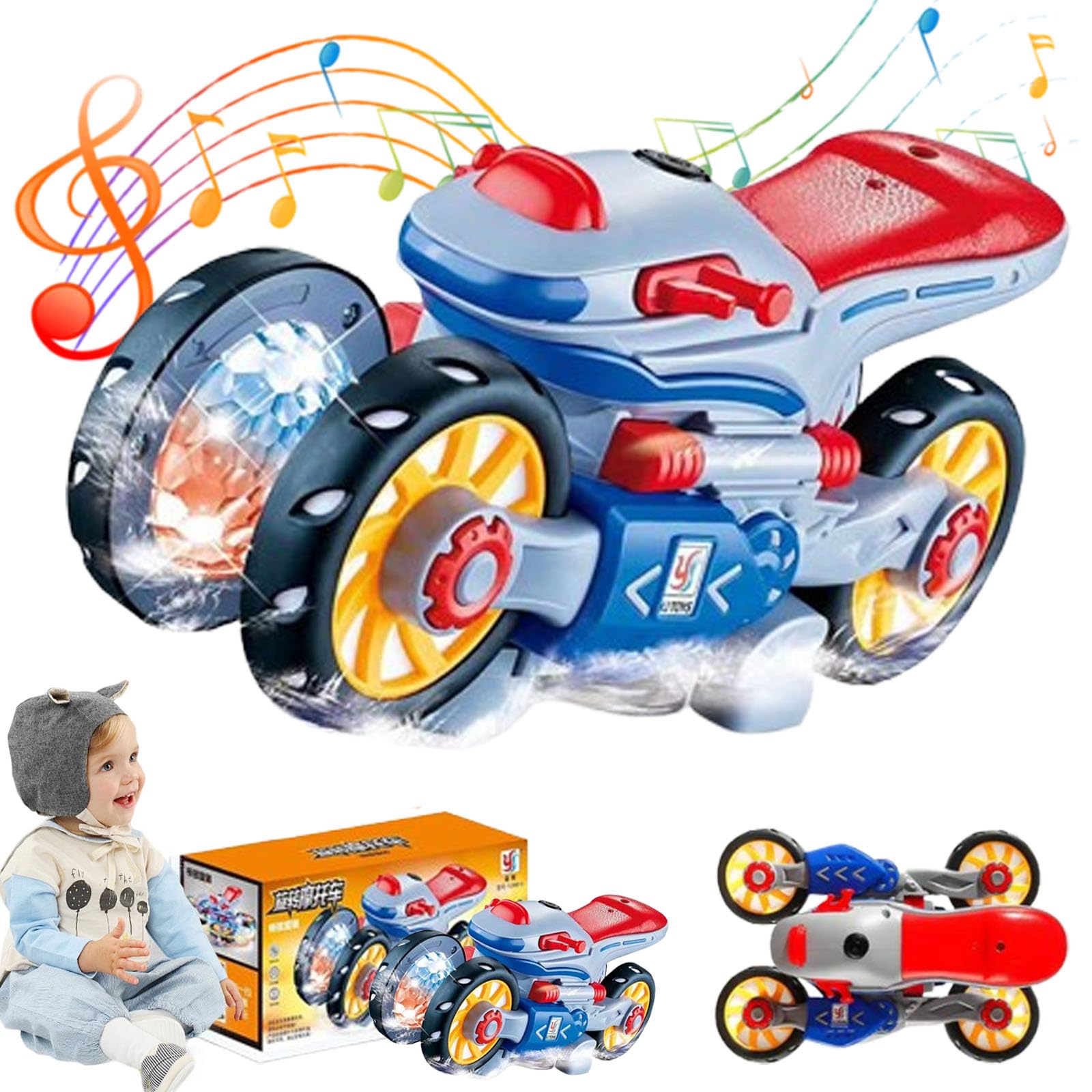 Electric Deforming Motorcycle Toy with Light & Music - 360° Rotation for Kids Play