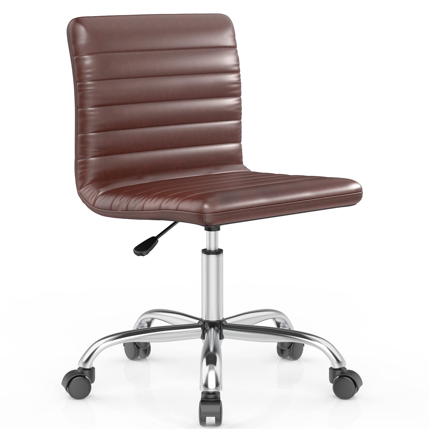 Ergonomic Armless Leather Swivel Office Chair - Mid Back Ribbed Task Chair for Home & Office - Adjustable White Desk Chair for Adults & Kids - Perfect for Workstations, Vanity Desks & Study Areas (Brown)