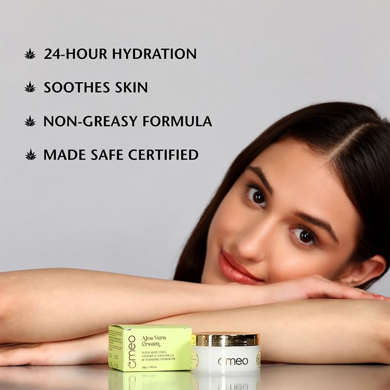 Omeo Aloe Vera Cream 50g with Vitamin E, Calendula & Turmeric Extracts - Hydrating Face & Body Moisturizer for Dry Skin | Smooth, Nourished & Moisturized | Perfect for Daily Skincare & After Sun Care