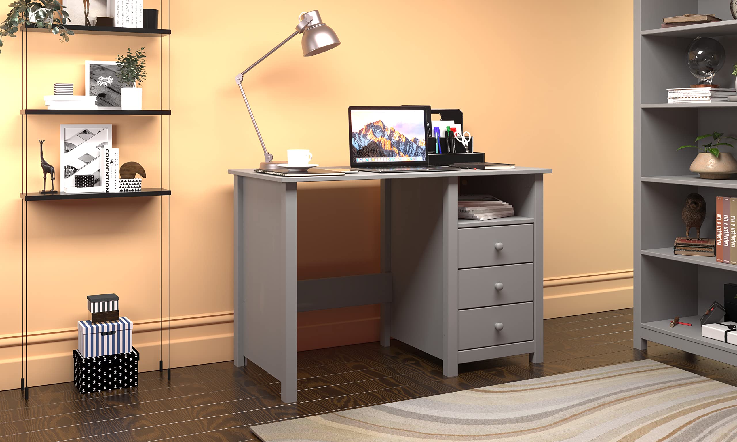 Solid Wood Grey Compact Computer Desk with Drawers - Sturdy Pine Home Office Desk with Smart Storage - Perfect for Study, Bedroom, or Small Space Workstation - Ergonomic Writing & Laptop Workspace