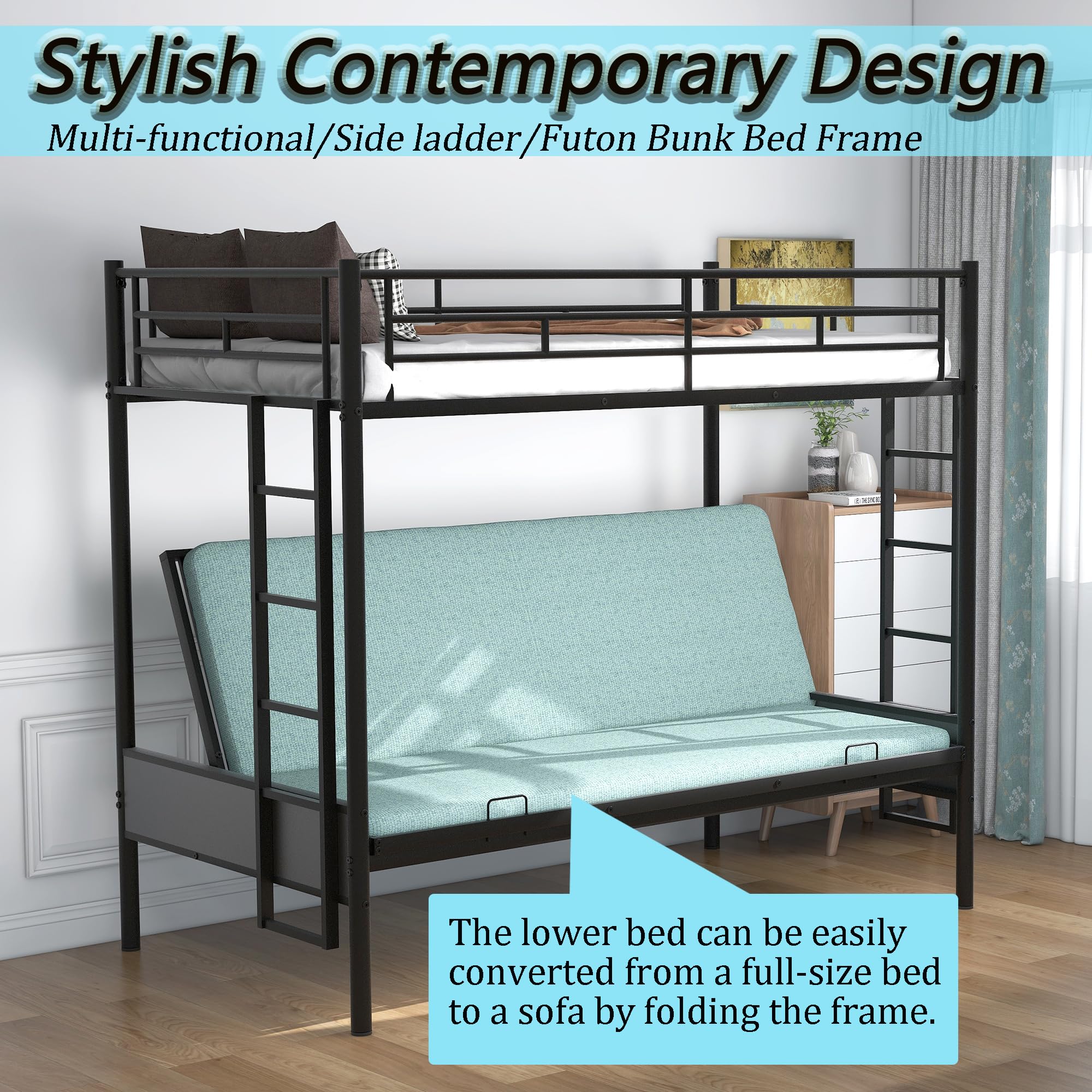 Twin Over Full Metal Bunk Bed with Convertible Futon Couch - Sturdy Steel Foldable Sofa Bed for Kids, Teens & Adults | Guardrails & Ladder Included | Perfect for Small Spaces, Guest Rooms & Dormitories