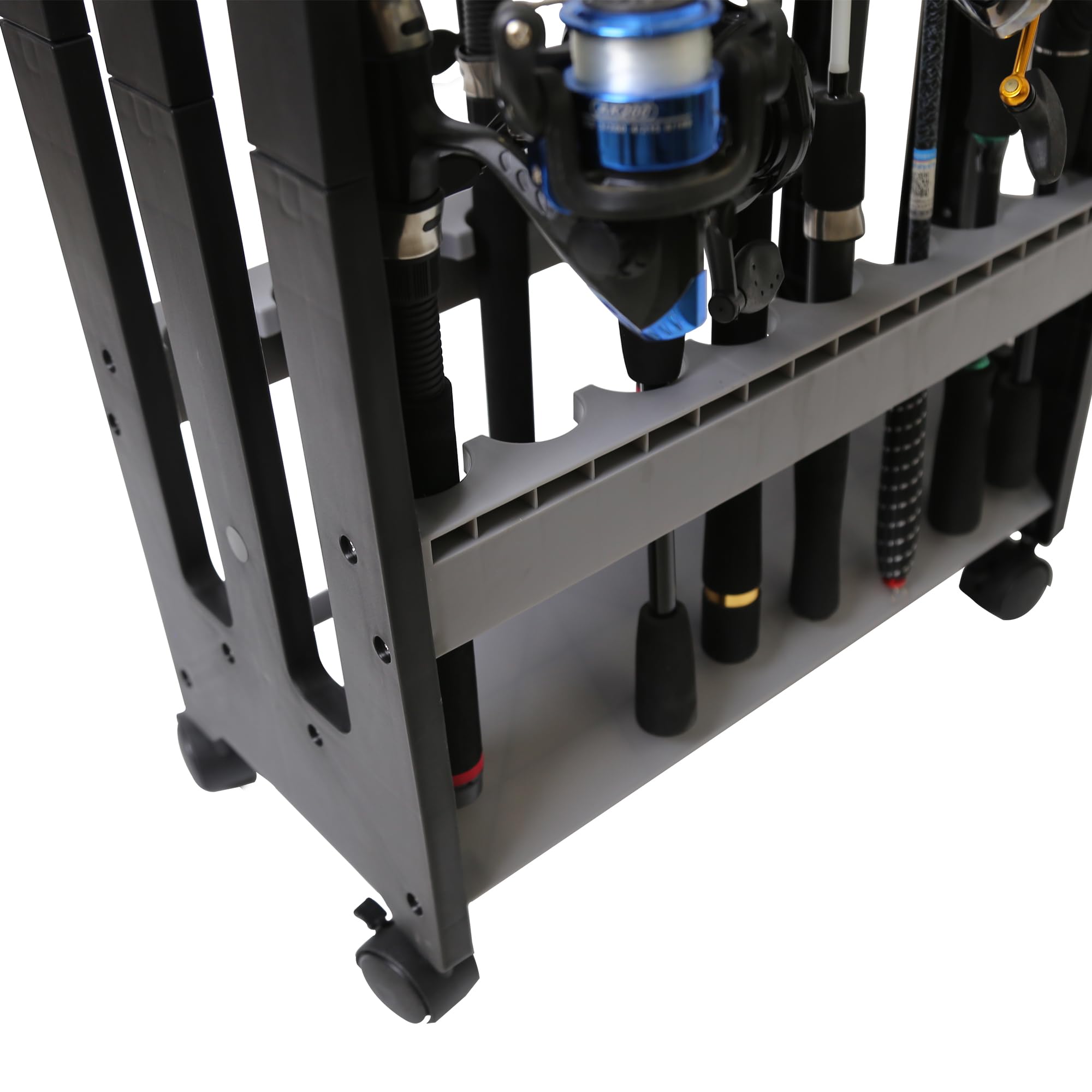 JOYWAVE 16-Slot Fishing Rod Holder with Wheels - Portable Plastic Fishing Pole Storage Rack for Garage, Boat & Outdoor Use - Ideal for Organizing Fishing Gear at Home or On-The-Go