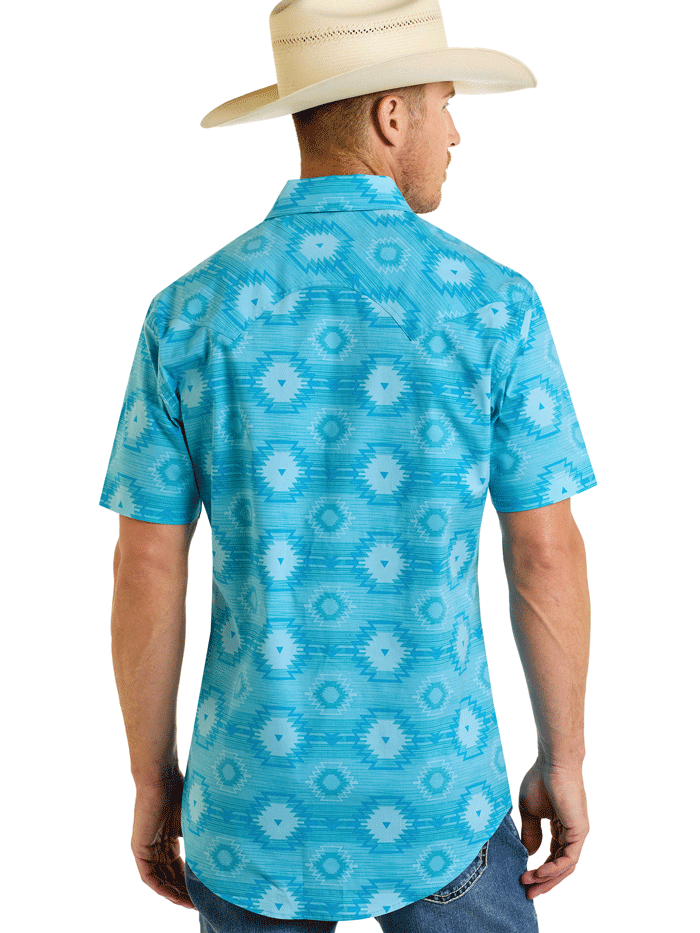 Rock & Roll Denim Men's Aztec Print Short Sleeve Snap Button Shirt - Turquoise Western Style Shirt for Casual Wear, Music Festivals & Summer Outfits