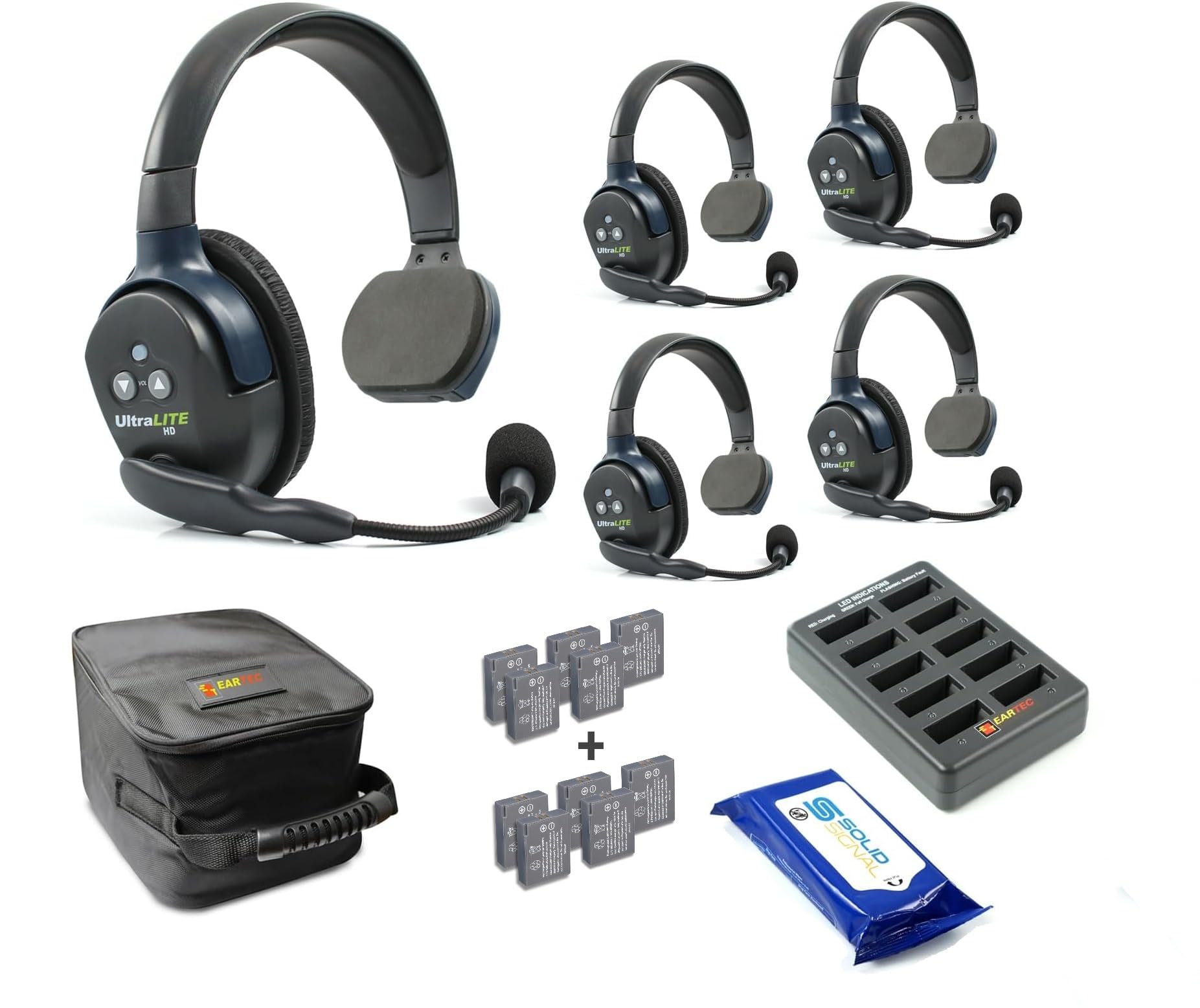 Eartec UL5S Ultralite Full Duplex Wireless Headset System for 5 Users - 5 Single Ear Headsets with 5 Extra Batteries & Cleaning Wipes - Perfect for Construction, Event Staff & Warehouse Communication