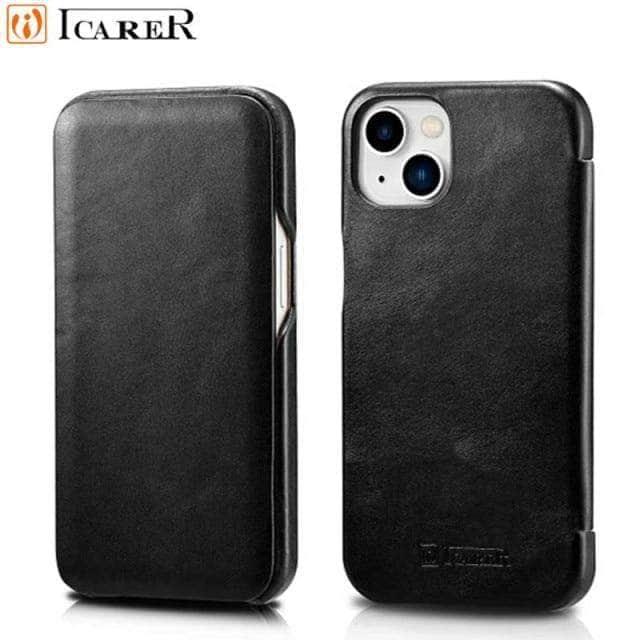 iCarer Premium Genuine Leather Flip Case for iPhone 13 - Slim Protective Wallet Cover with Card Slots | Perfect for Business & Travel Use