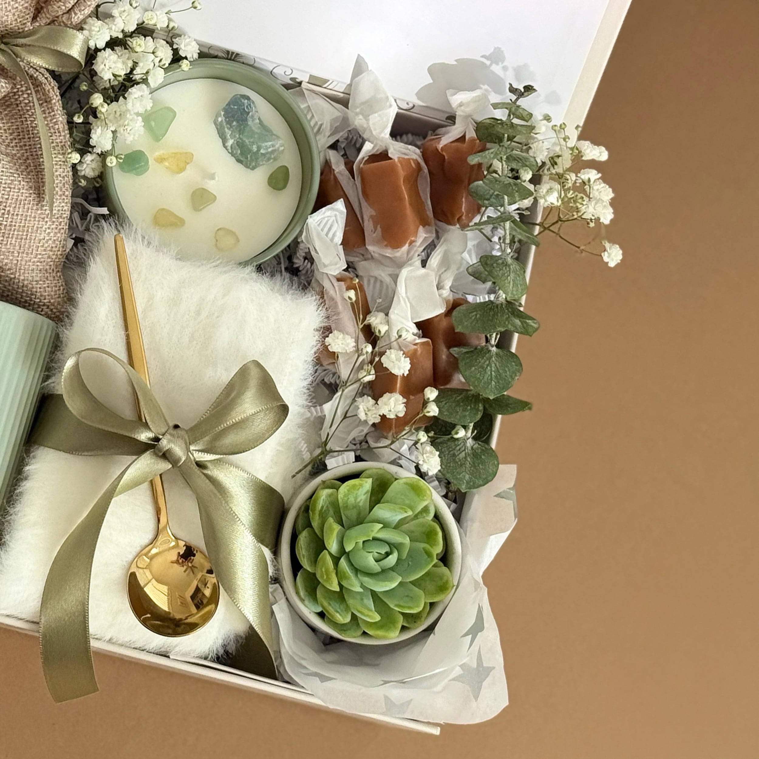 Sage Summer Gift Basket with Cozy Mug, Succulent Plant, Berry Tea & Sweet Treats - Perfect for Birthday, Housewarming & Thank You Gifts