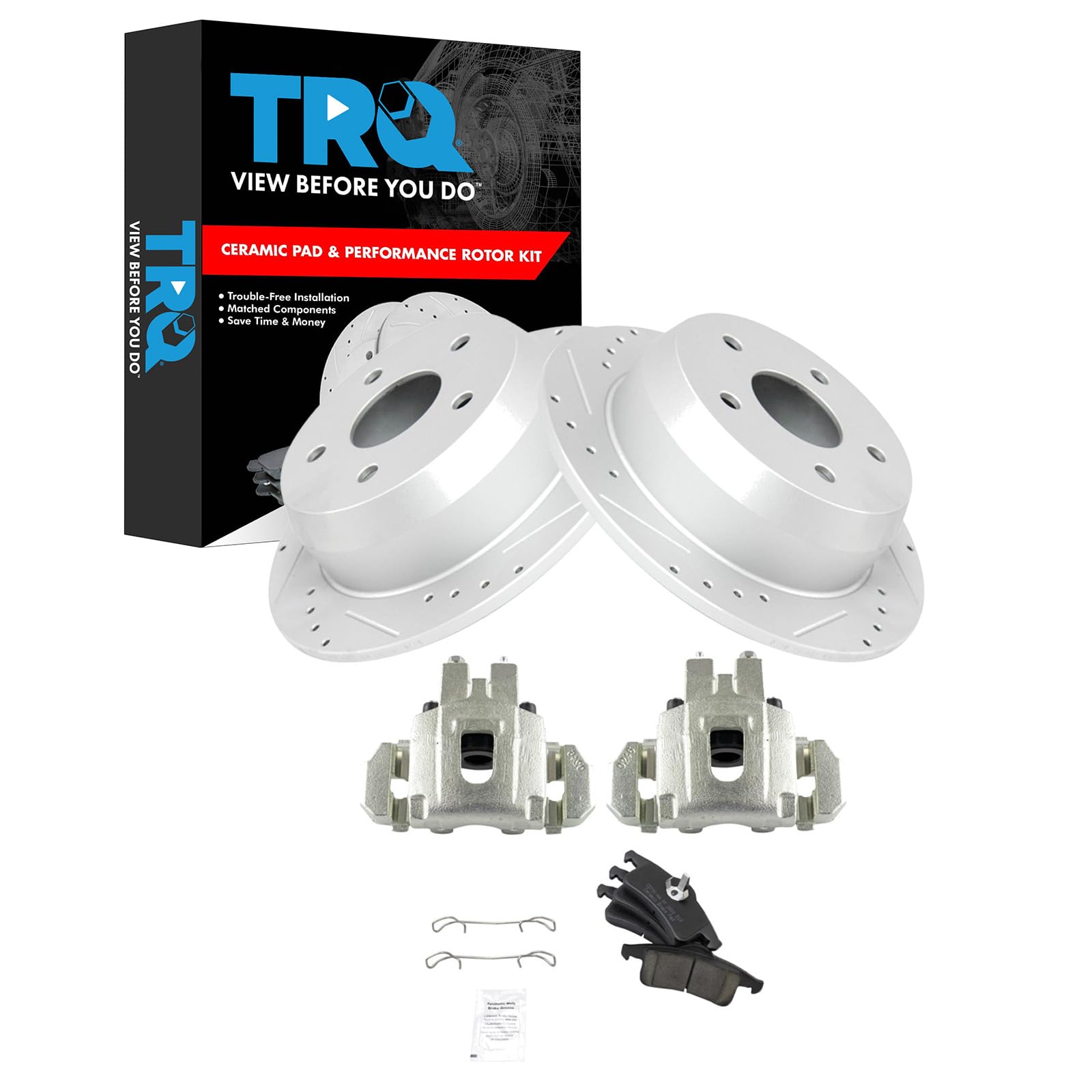 TRQ Premium Ceramic Rear Brake Pads & Rotors Kit - G-Coated Solid Rotors & Calipers - Compatible with 1999-2004 Jeep Grand Cherokee - Perfect for Off-Roading, Towing & Daily Driving
