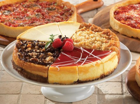 Eli's Cheesecake Sampler & Lou Malnati's Chicago Deep Dish Pizza Combo (3 Cheese Pizzas + 1 Dessert) - Perfect for Family Dinners, Parties & Gift Giving