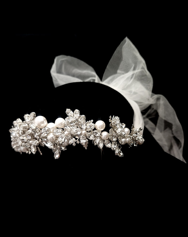 Elegant Wedding & Bridal Crystal Garland Headpiece with Tulle Bow - Titania by Kezani | Perfect for Brides, Bridesmaids & Special Occasions