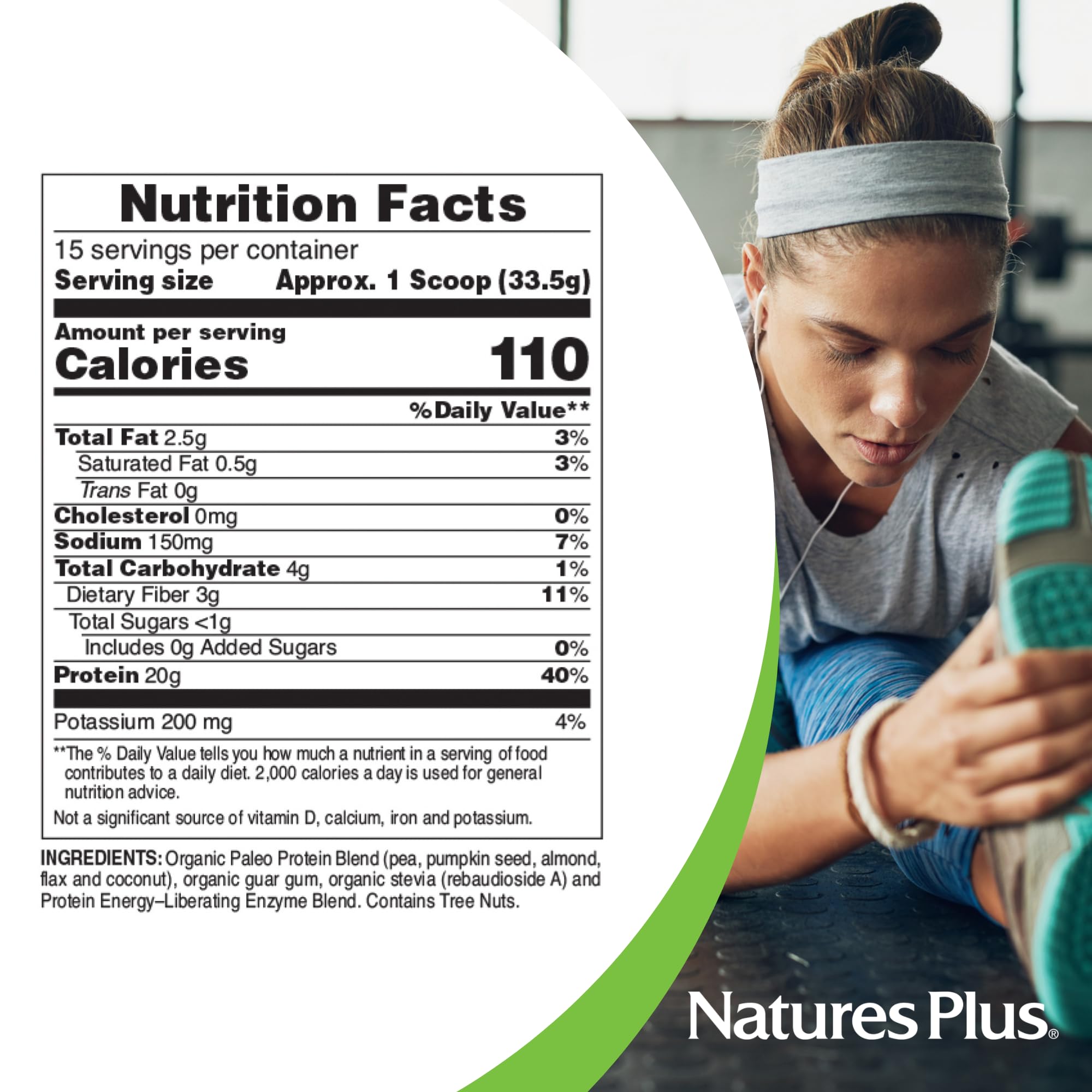 NaturesPlus Organic Paleo Protein Powder - 1.49 lbs, 20g Protein per Serving, Vegan & Gluten-Free, Unflavored & Unsweetened - Certified Organic High Protein Energy Supplement for Vegetarians (15 Servings) - Perfect for Post-Workout Recovery, Smoothies & Healthy Meal Replacement