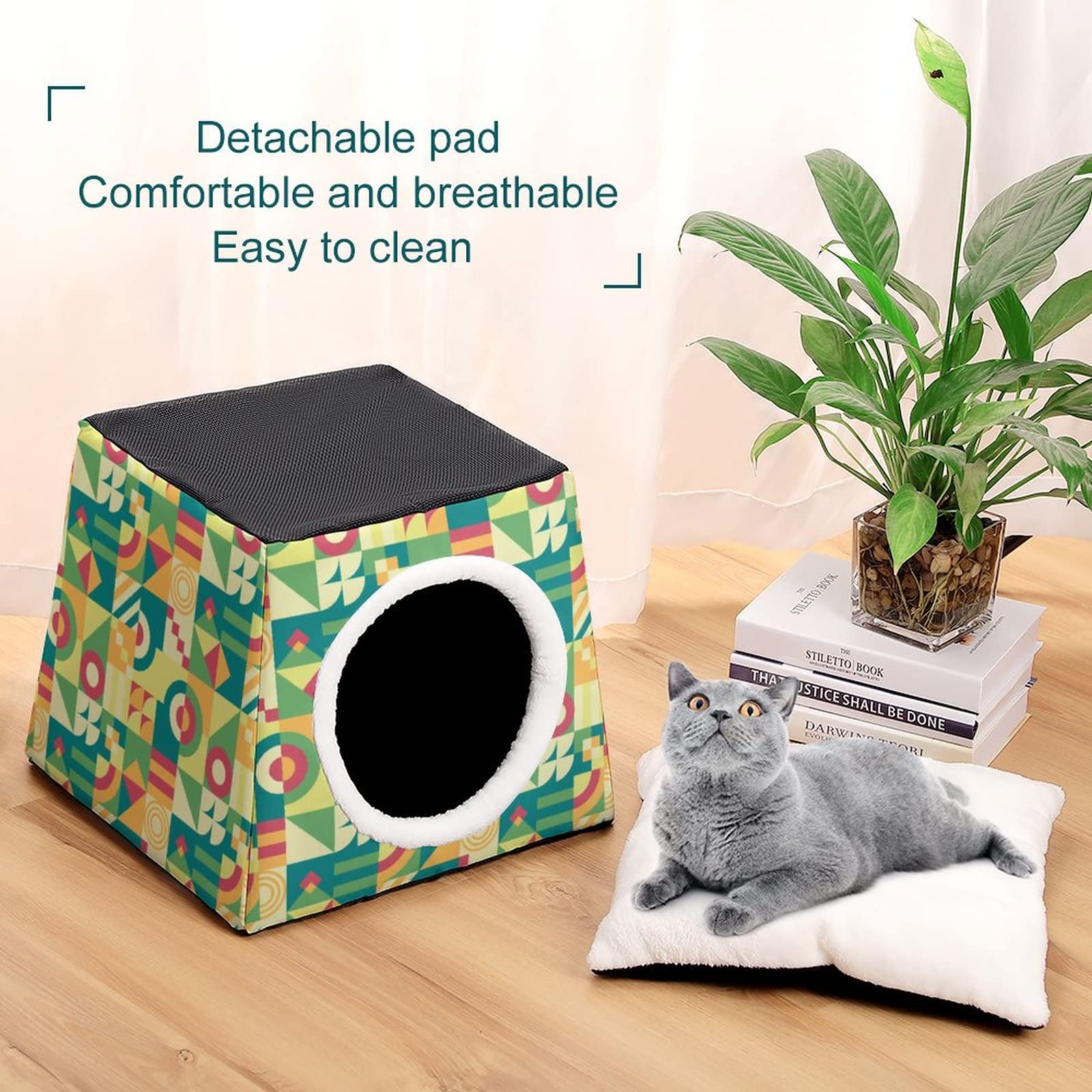 Printed Cat Houses & Condos - Foldable Cat Cube Bed with Removable Pillow, Green Abstract Puzzle Design - Cozy Pet Furniture for Indoor Cats, Perfect for Living Room, Bedroom or Office