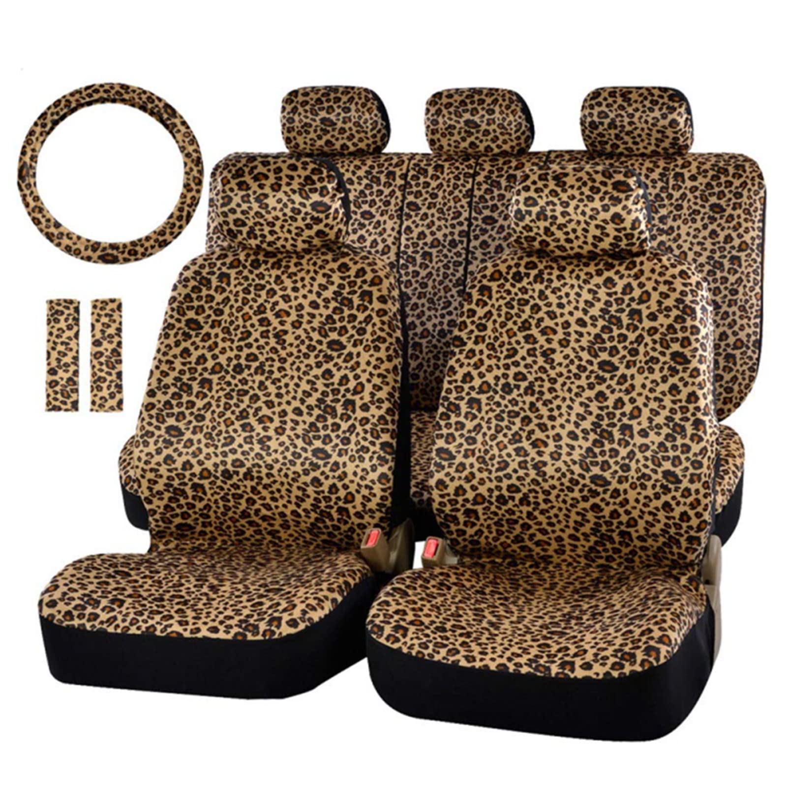 Premium Leopard Print Car Seat Covers Full Set with Steering Wheel Cover & Seat Belt Pads | Cheetah Pattern Universal Fit for Cars, SUVs & Trucks | Airbag Compatible Auto Accessories for Women | Perfect for Road Trips, Daily Commutes & Style Upgrade