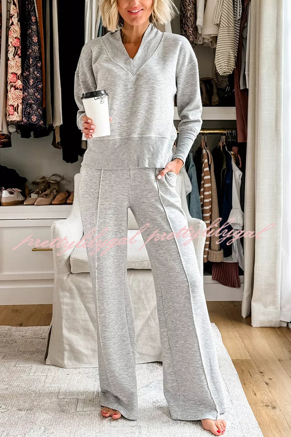 Women's Solid Color V-Neck Top & Elastic Waist Lounge Pants Set with Pockets - Cozy Winter Loungewear for Home, Yoga, and Relaxation