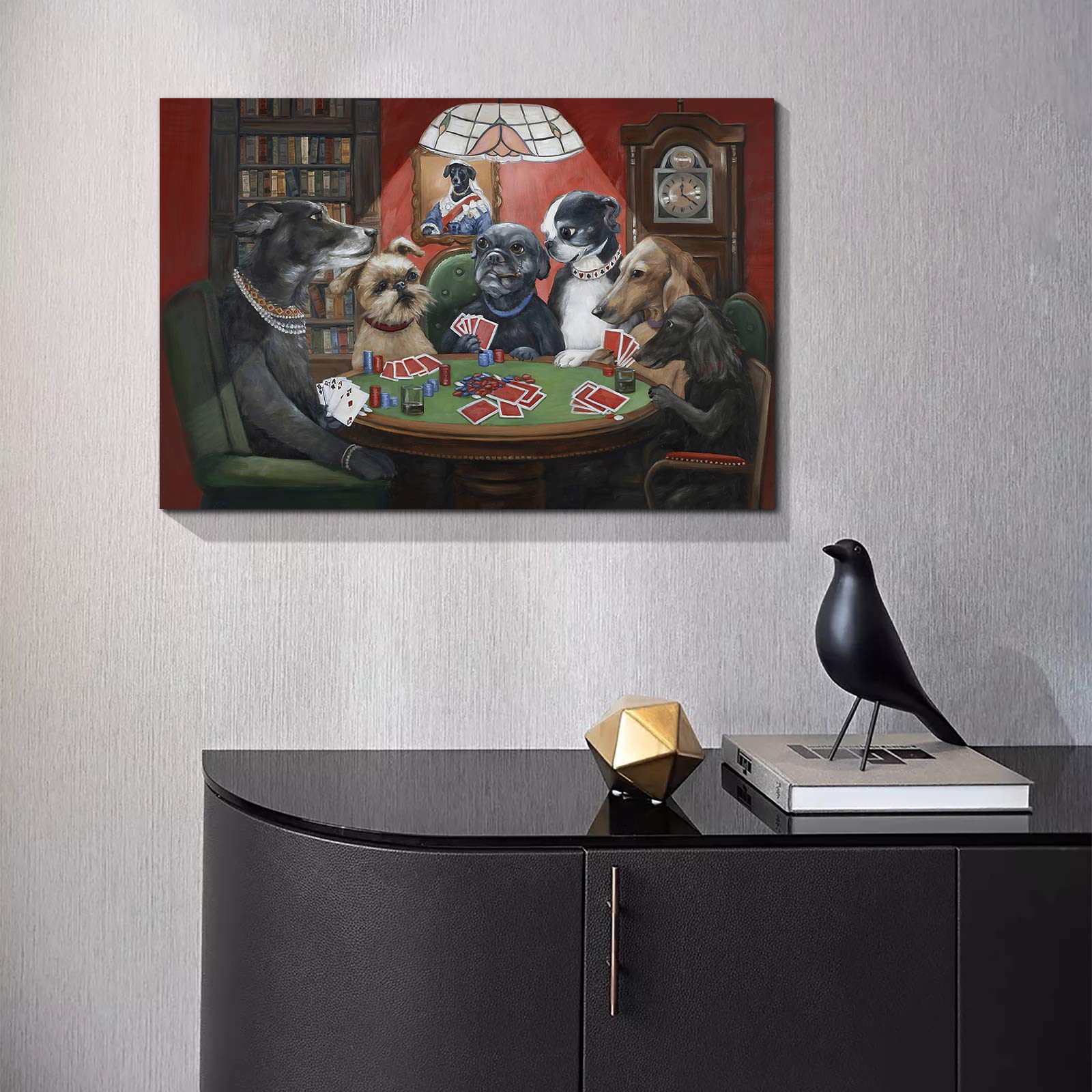 Denozer - Dogs Playing Poker by Cassius Marcellus Coolidge Oil Painting Reproduction - Premium Giclee Canvas Print (48x32 inches) - Ready to Hang Wall Art for Living Room, Game Room & Man Cave Decor - Perfect Gift for Dog Lovers & Poker Fans