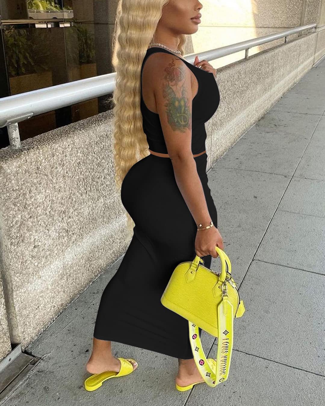 Sexy Women's Two Piece Skirt Outfit - Long Sleeve/Sleeveless V Neck Bodycon Ribbed Knit Maxi Dress for Club, Party & Night Out | Elegant Evening Wear & Date Night Outfit