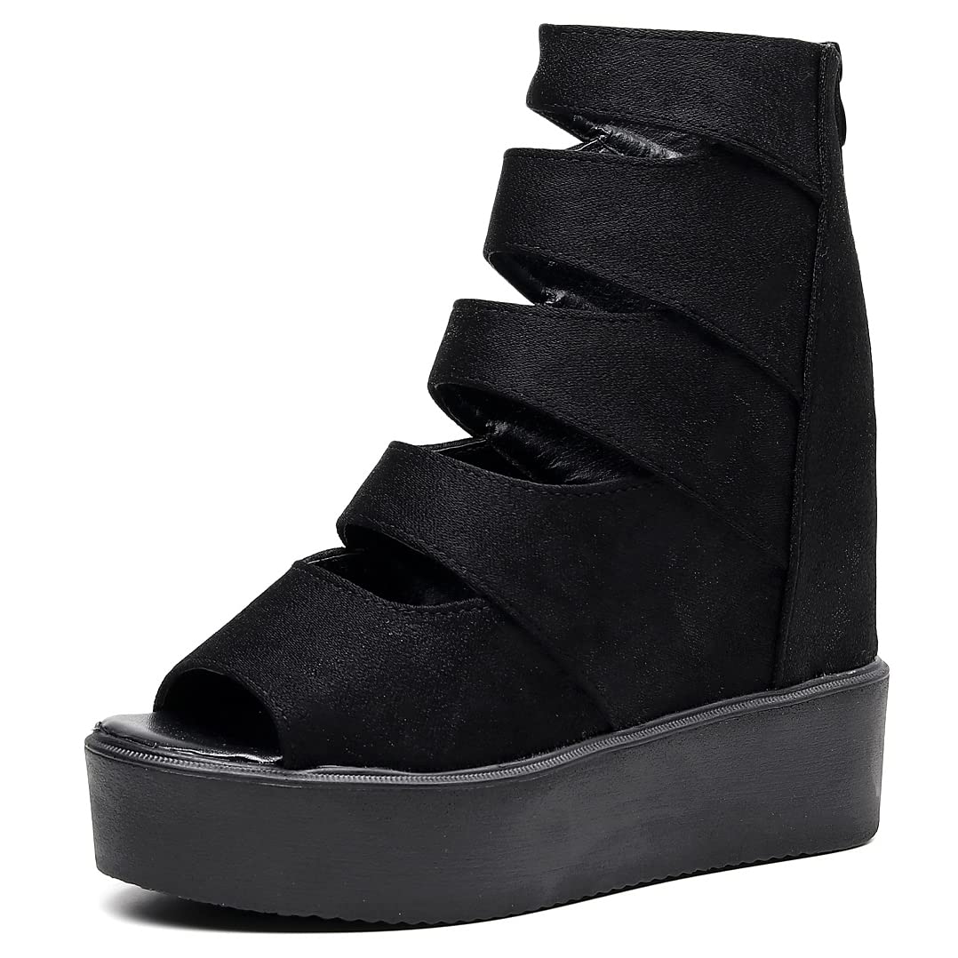 Women's Black Suede Platform Wedge Sandals - Gothic High Heels with Roman Mesh Lace-Up Design for Summer, Cosplay & Party | Trendy Fish Mouth Cropped Sandals for Casual Outings, Beach Vacations and Night Events