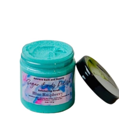 Amreva Exfoliating Body Scrub with Shea Butter & Sugar - Blue Raspberry Scent | Moisturizing Skin Polish for Smooth & Glowing Skin | Perfect for Shower, Spa & Self-Care Routine