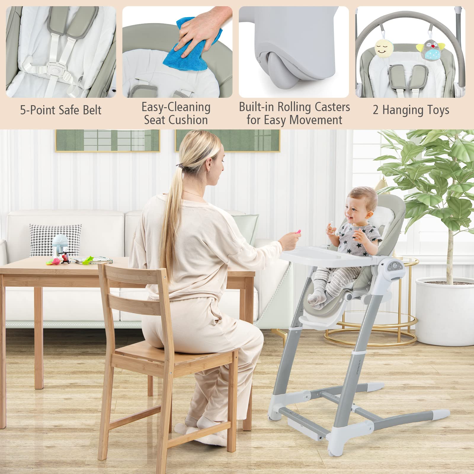 **HONEY JOY 3-in-1 Baby Swing & Convertible High Chair for Infants & Toddlers – Portable Infant Swing with Music, Wheels & Double Food Tray – Compact, Easy-Folding Booster Seat (Gray) – Perfect for Home, Travel & Daycare Use**