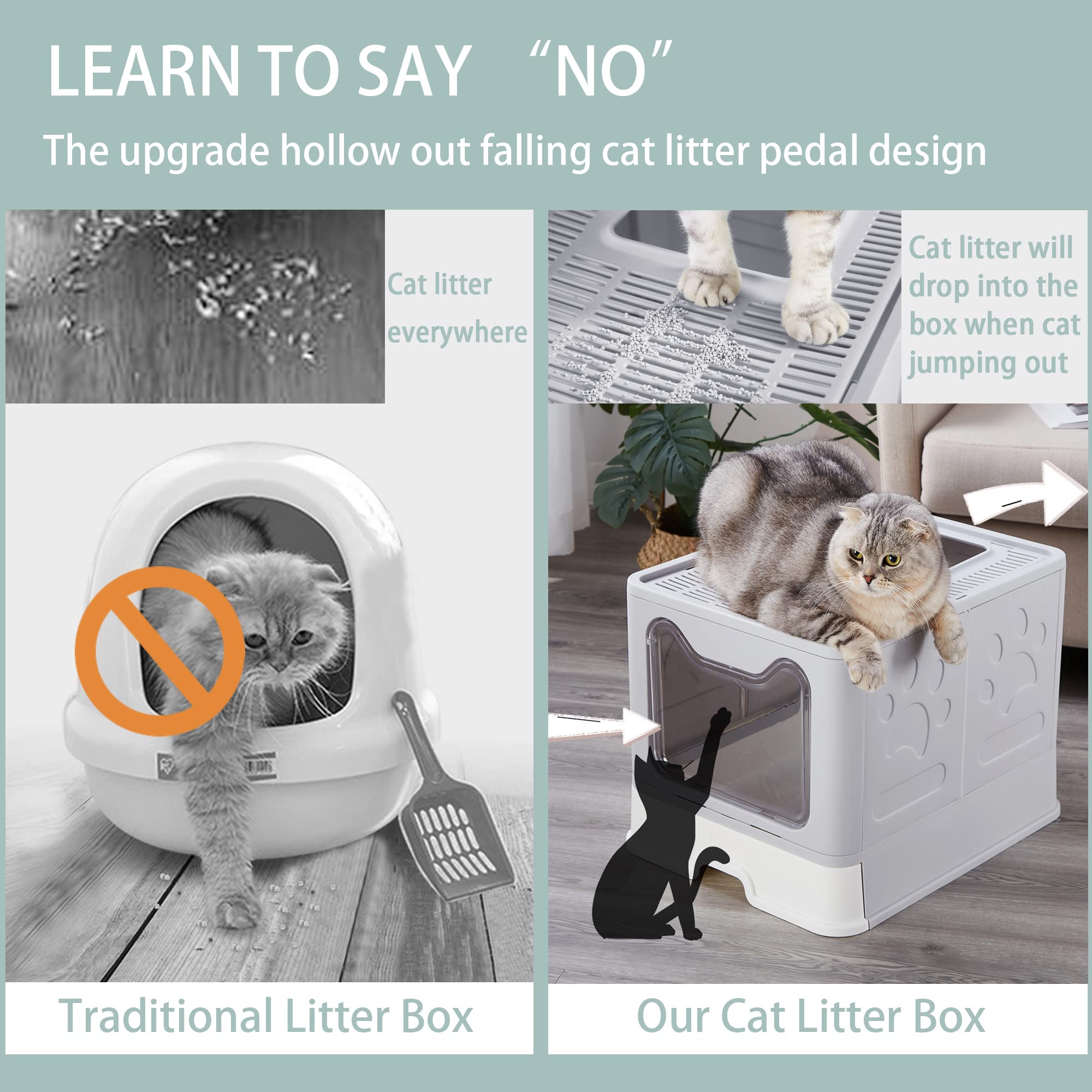 Foldable Cat Litter Box with Lid - Large Top Entry Enclosed Litter Box with Scoop, Anti-Splashing Design & Easy Clean Drawer - Perfect for Small Spaces & Travel (Grey)
