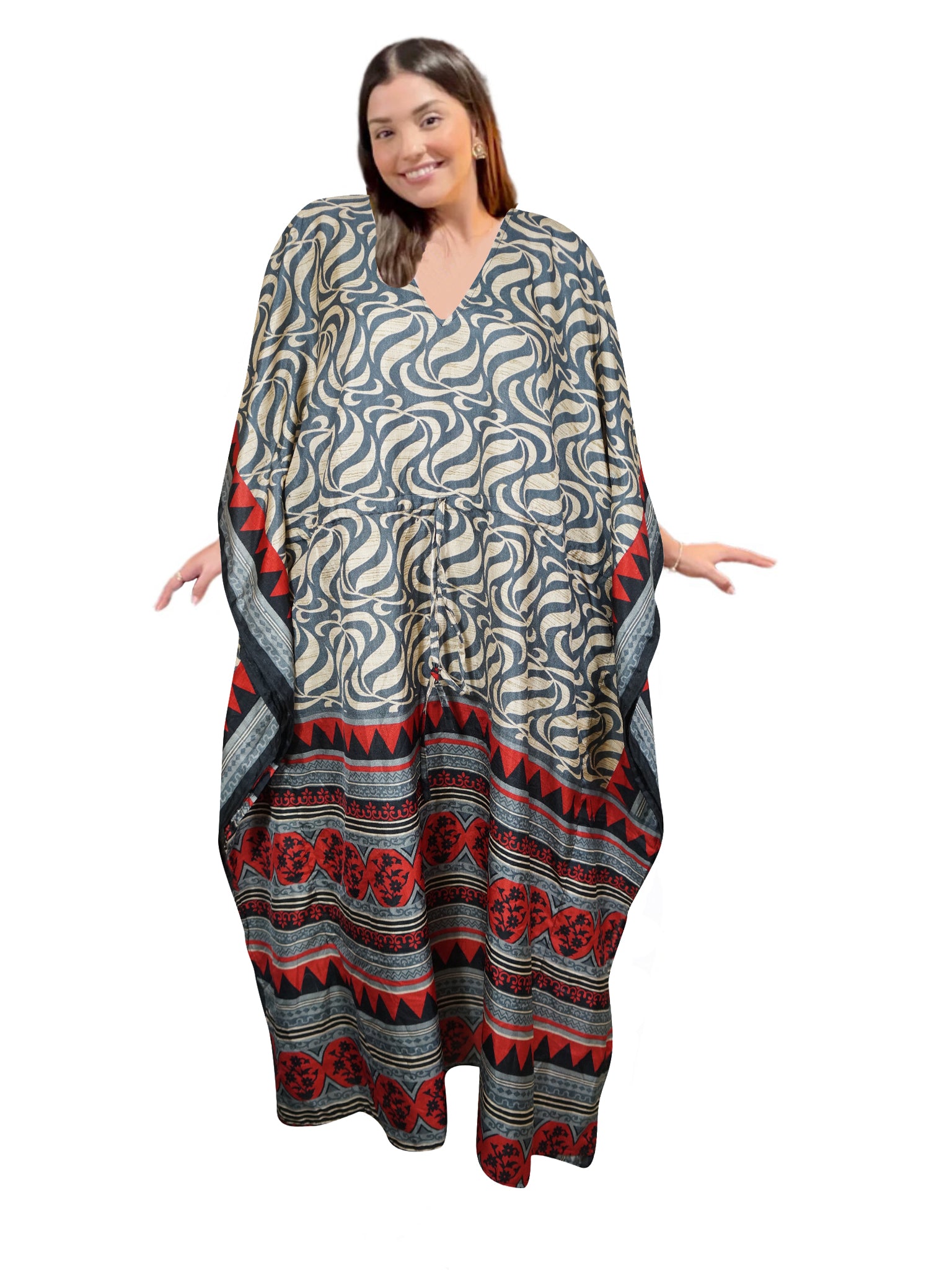 Gray and Beige Printed Maxi Kaftan Dress for Women - Plus Size L to 2XL - Boho Beach Cover Up, Resort Wear & Vacation Outfit - Perfect for Poolside, Summer Travel & Tropical Getaways